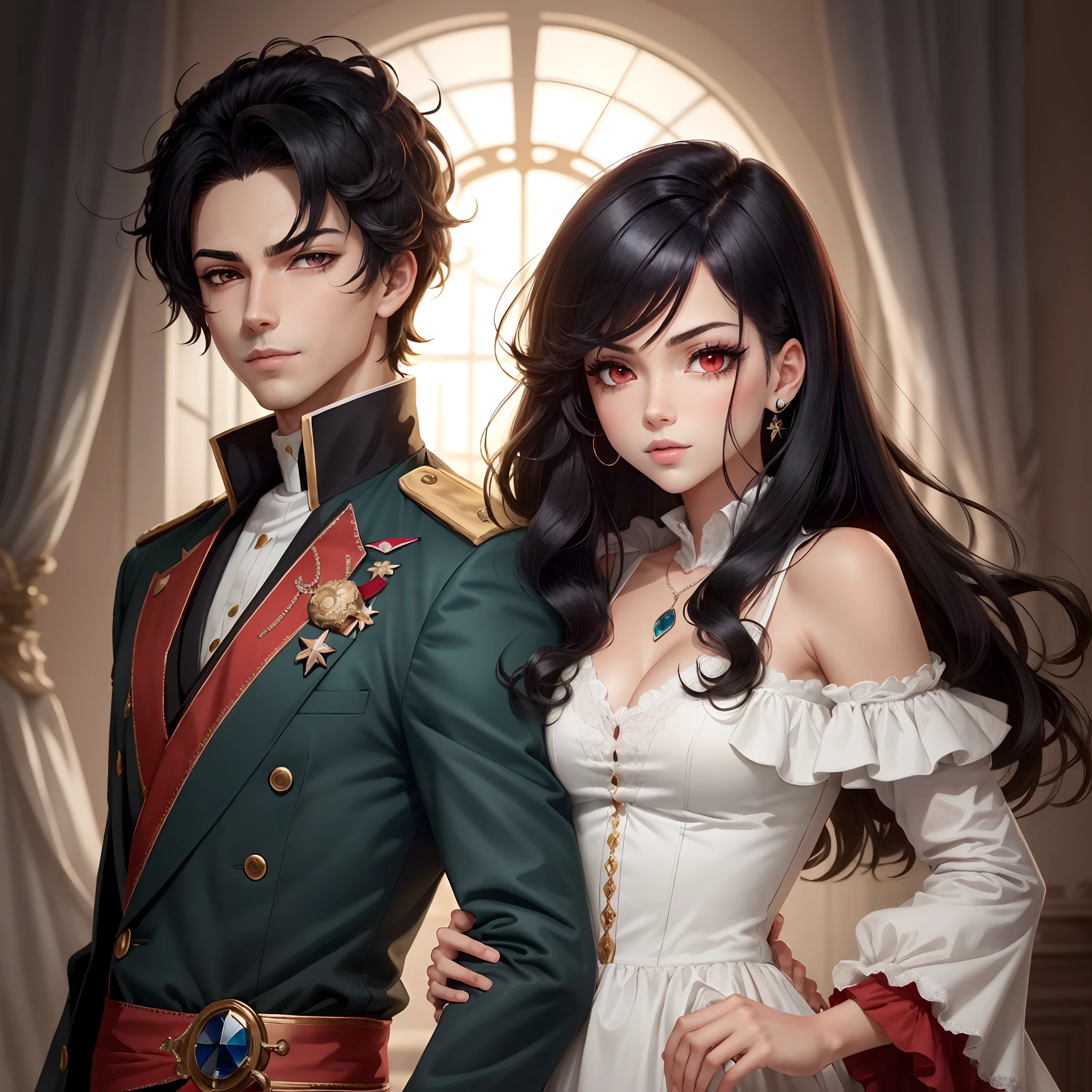 Um casal no estilo de anime. Prince with dark hair and red eye. Ela princesa de cabelo roxo.