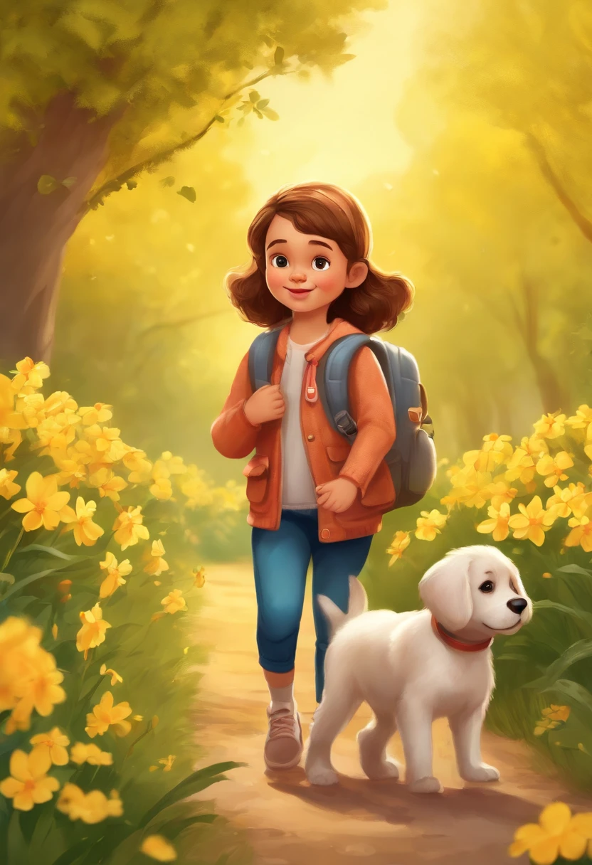 Tip: A very charming little girl with a backpack and her cute puppy enjoying a lovely spring outing surrounded by beautiful yellow flowers and nature. The illustration is a high-definition illustration in 4k resolution, featuring highly detailed facial features and cartoon-style visuals.