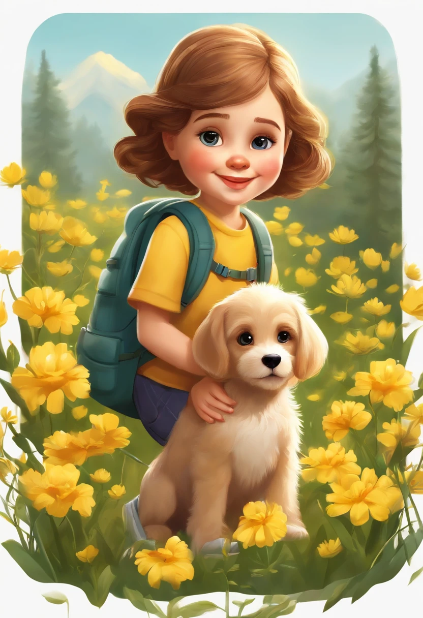 Tip: A very charming  with a backpack and her cute puppy enjoying a lovely spring outing surrounded by beautiful yellow flowers and nature. The illustration is a high-definition illustration in 4k resolution, featuring highly detailed facial features and cartoon-style visuals.