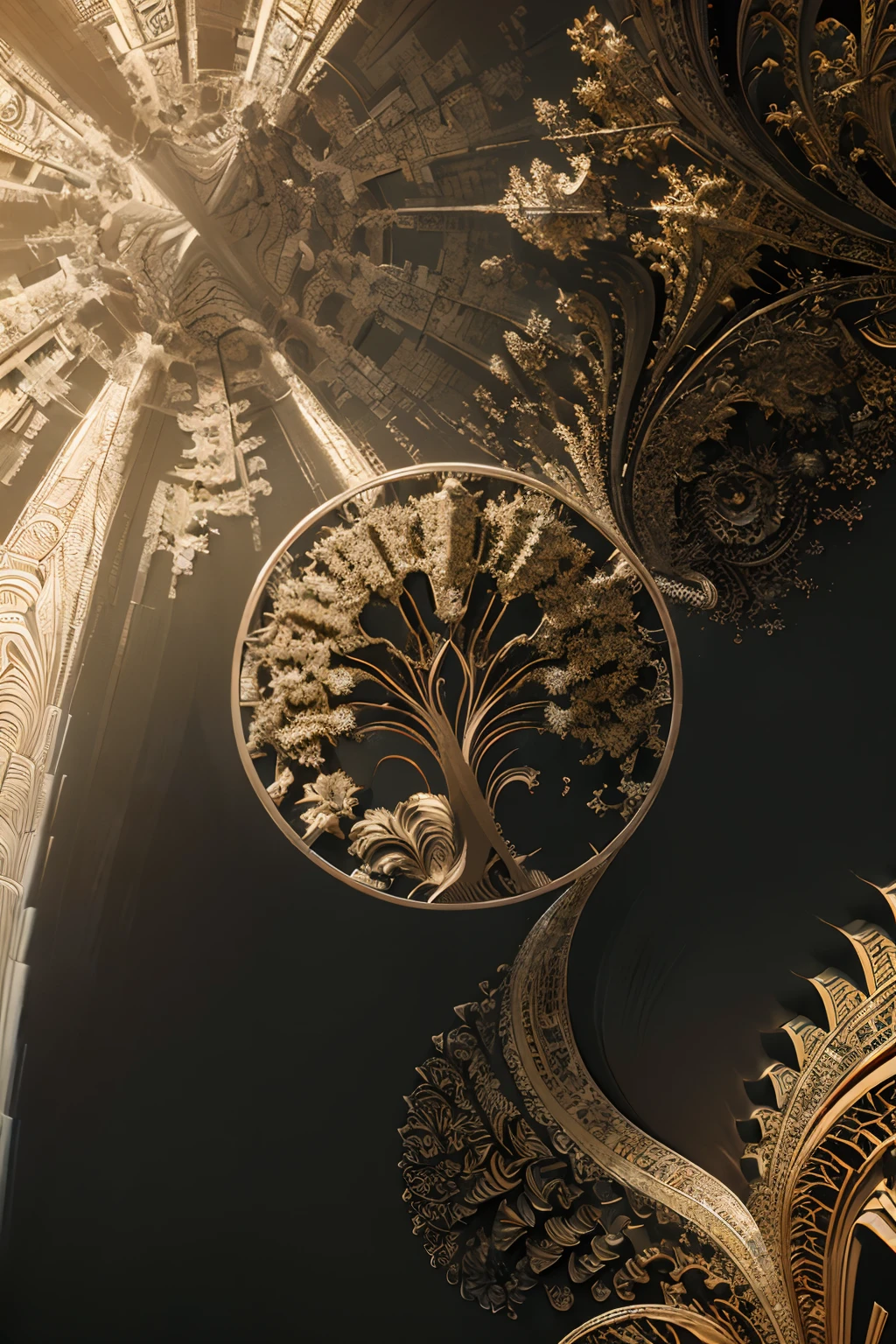 (masterpiece, 4k, ultra detailed, raw photo: 1.2), illustration, (portrait:1.2), (single background, black background1.4), (Art Deco:1.4), (minimalism:1.4), (clean:1.4), (fractal:1.4), (Microphone art deco), (Podcast) CCDDA Artstyle,  tree of life, dragons flying, looking out over landscape, sun rays sifting through leaves