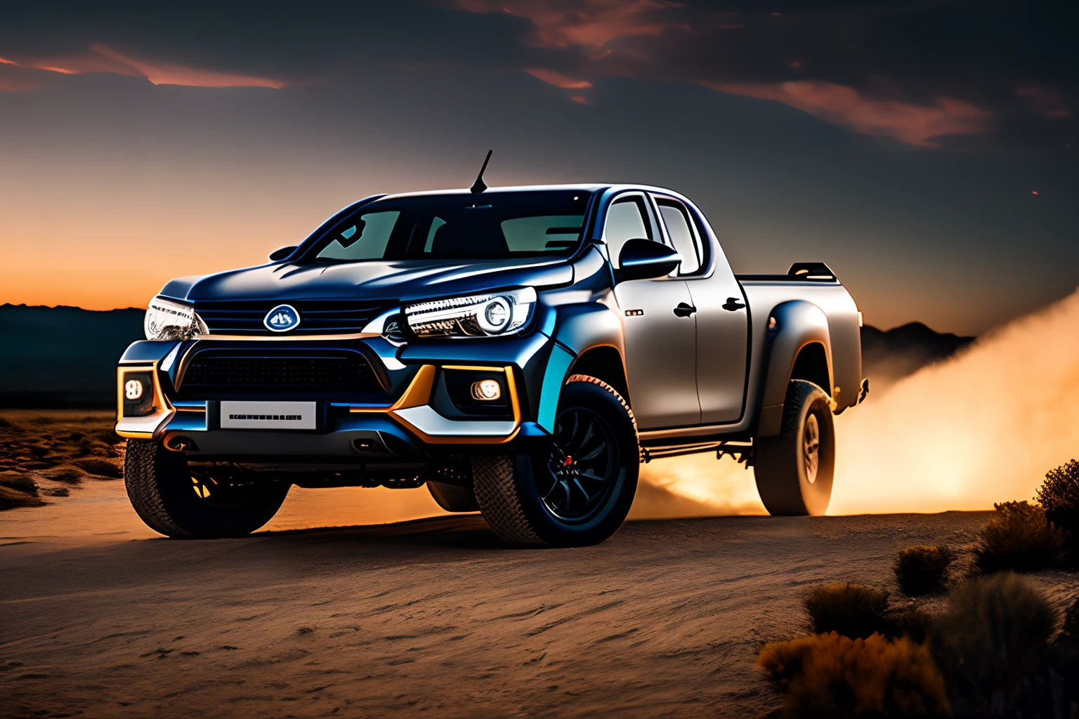 Rembrandt light,Best Quality,Extremely detailed,Cinematic lighting,8K,Realistic,Dynamic Graphics,photograph,Low viewing angle,Camera shooting,Canon 85 1.2,Aperture F4,8K,nffsw,Running on the moon,Future Car Hilux,futuristic design,Master works,