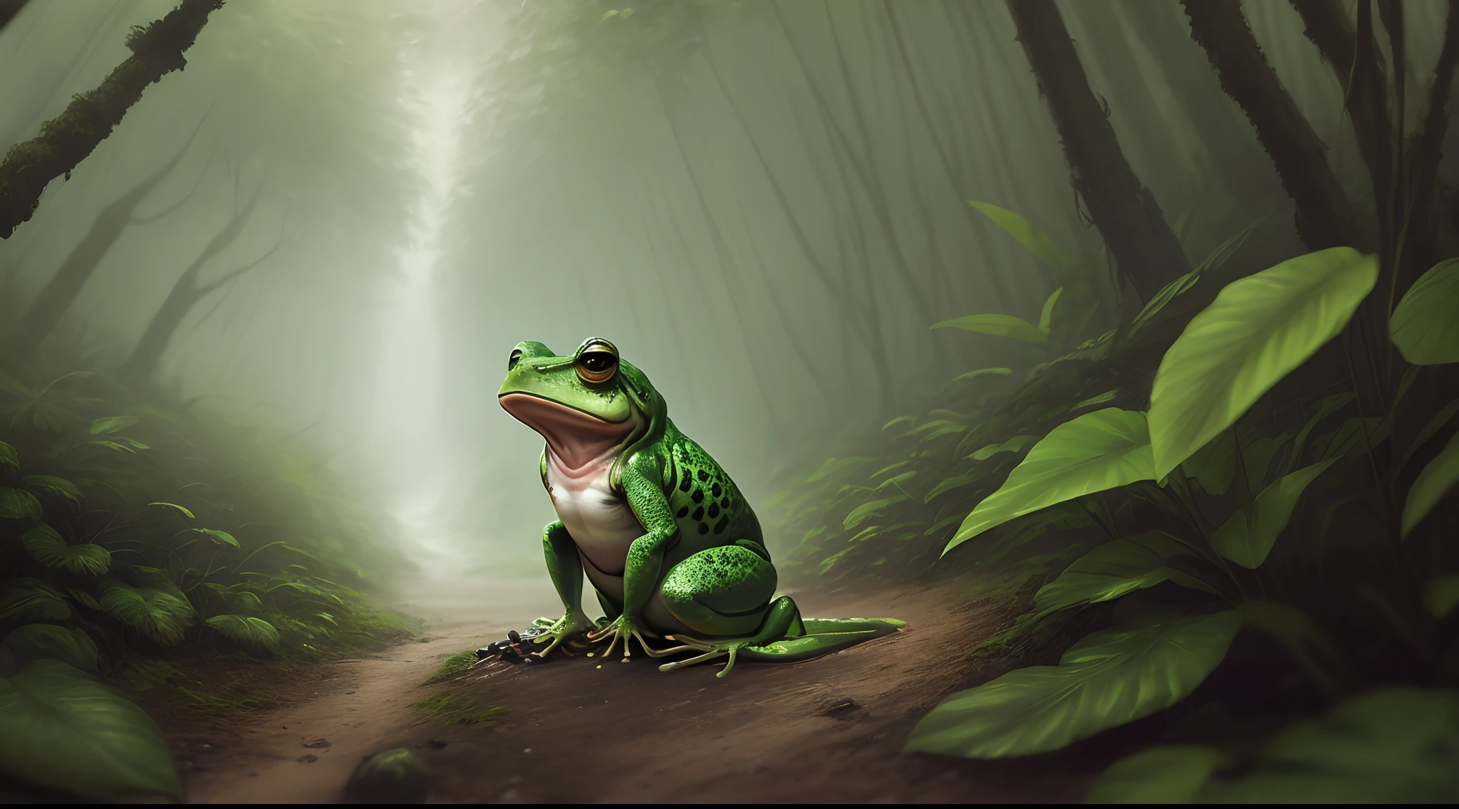 samurai frog in rainforest with gloomy and sinister vibes