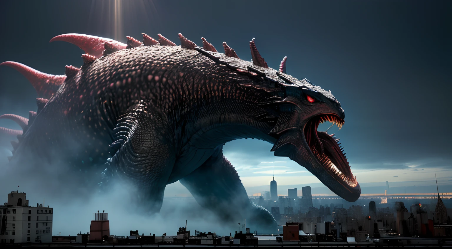 bizarre alien creature, giant kaiju creepie monster, surrealism, looming creature with a strong power, kaiju destroying new york, kaiju cephalopod monster, nanotech demonic monster horror, scary giant monster, bizarre alien creature, giant kaiju monster destroying city, high detail, photorealism, 4k