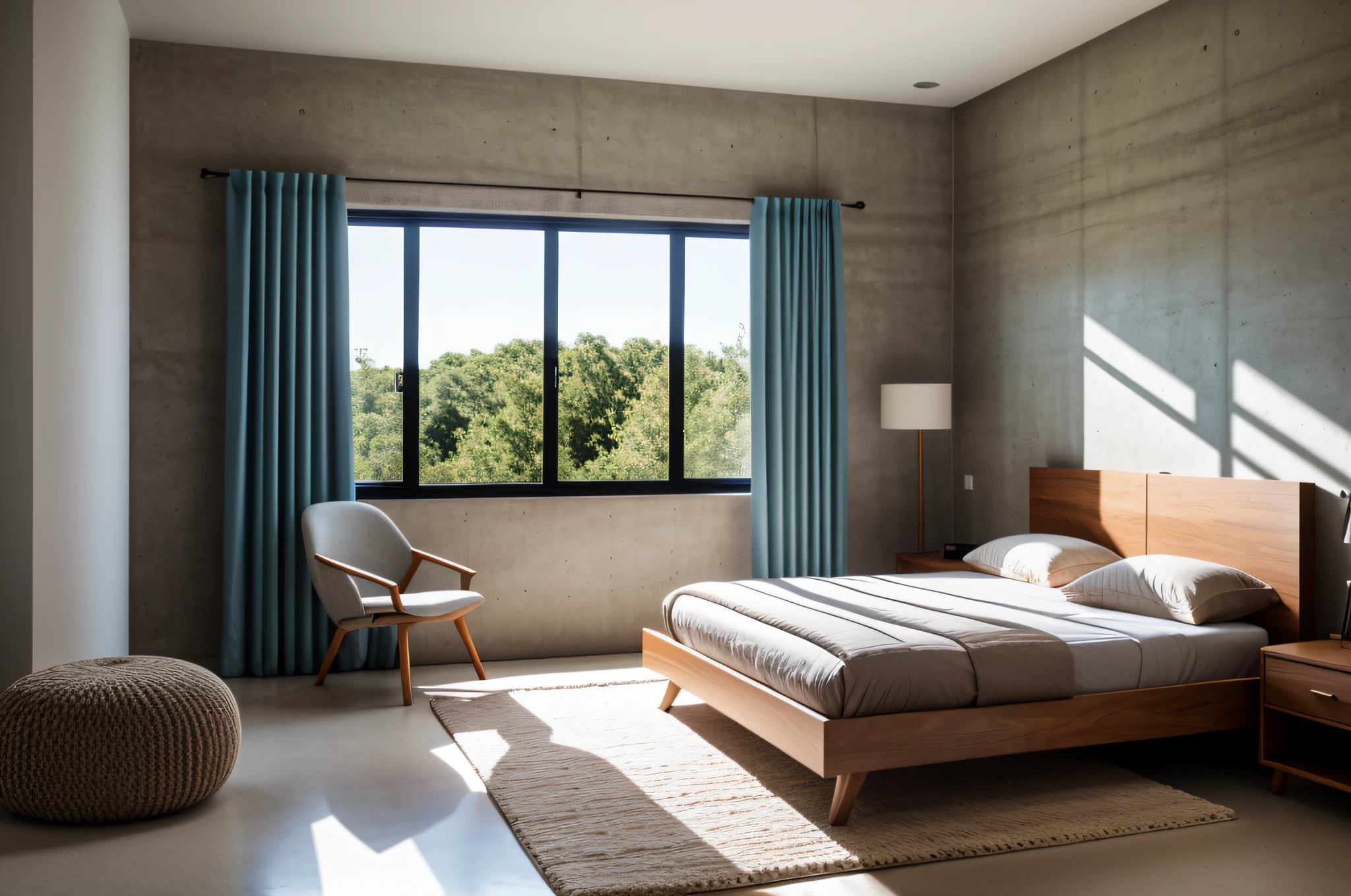 RAW photo, bedroom, Archviz, dark room background, abstract architecture ​, cozy aesthetic design! modern style , linear curves, clean design, concrete-colored wooden wall, perspective, high-end photography, realistic, Bright details, sharp, unique, award-winning photography, Canon EOS 5D DSLR Mark IV, f/ 6, ISO 100, 1/ 250 sec, soft natural light, best quality, super high resolution