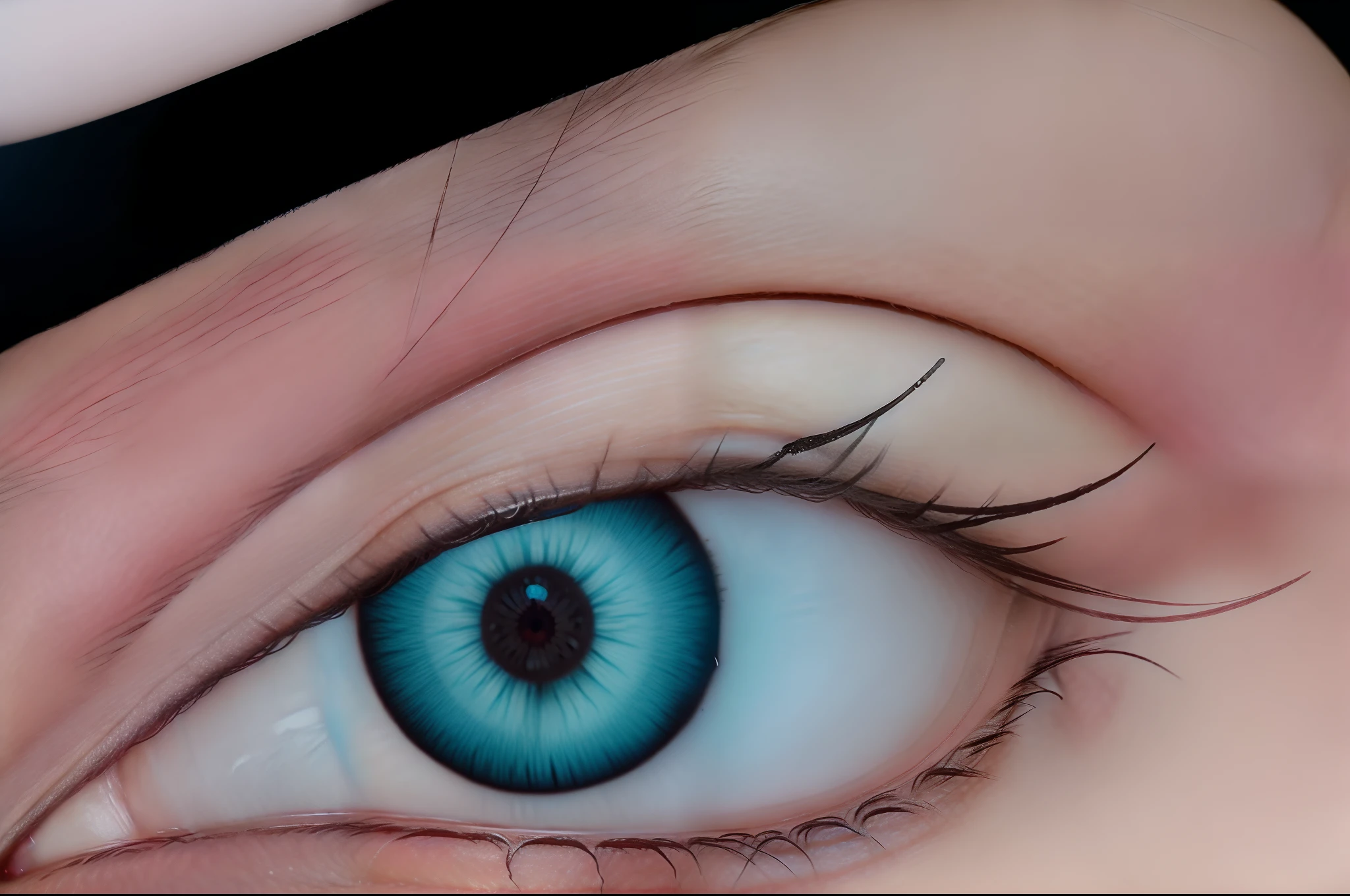 olho realista com um olho preto e um olho rosa, grandes olhos inclinados para baixo, posicionamento correto dos olhos, nenhuma mancha sobre o olho direito, terceiro olho no meio da testa, ponto laser entre os olhos, Olhos enormes inclinados para baixo, terceiro olho no meio da testa, Various eyelid positions, Eyelids, branco ao redor do olho direito, olho realista, sobrancelha realista