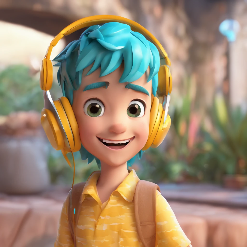Only boy face, excited happy face, using phone,3d model, boy, wearing headphones, anime style cyan colour hairs, eye crystal gold, png image, poster type, realistic