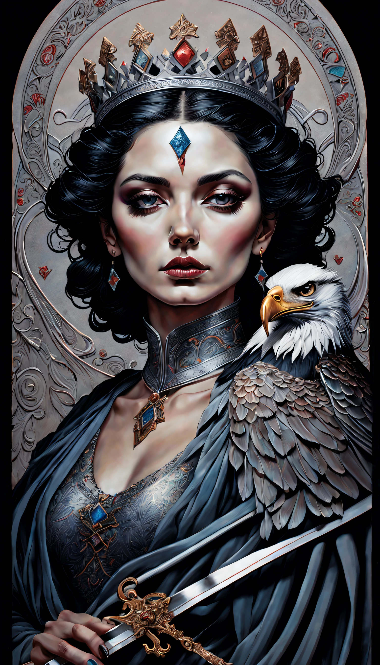 tarot card, chiaroscuro technique on sensual illustration of an queen of sword, Piercing Gaze, vintage queen, eerie, matte painting, by Hannah Dale, by Harumi Hironaka, extremely soft colors, hint of silver, highly detailed, digital artwork, high contrast, dramatic, refined, tonal, highest quality,anatomy correct,ultra-wide-angle,depth of fields, representing her ability to adapt in challenging situations, a small eagle, Focus on a color palette
