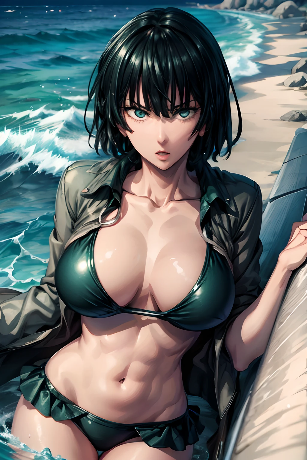 Fubuki in swimsuit, bikini verde con flores azules