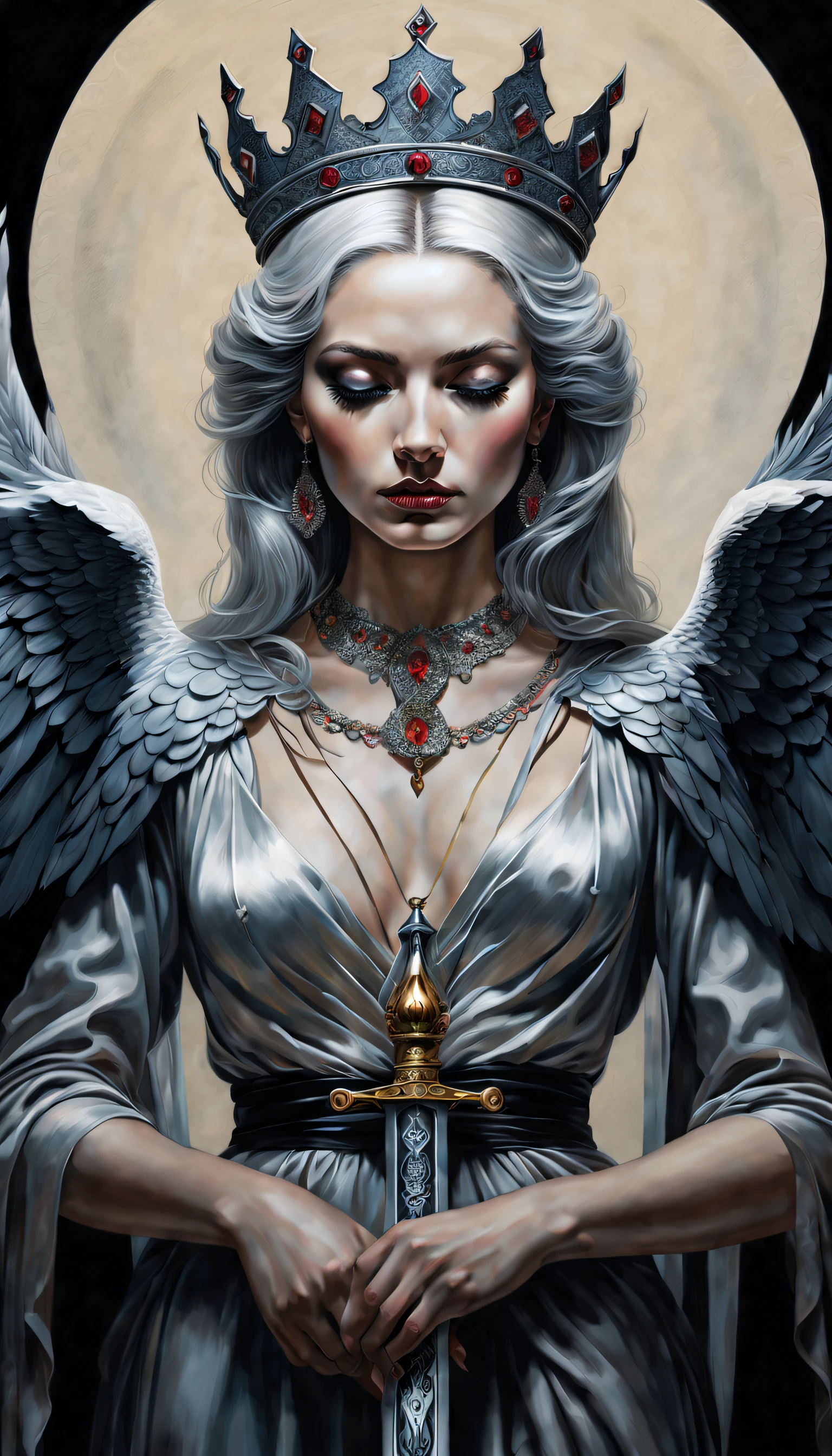 tarot card, chiaroscuro technique on sensual illustration of an queen of sword, Piercing Gaze, vintage queen, eerie, matte painting, by Hannah Dale, by Harumi Hironaka, extremely soft colors, hint of silver, highly detailed, digital artwork, high contrast, dramatic, refined, tonal, highest quality,anatomy correct,ultra-wide-angle,depth of fields, representing her ability to adapt in challenging situations, a small eagle, Focus on a color palette
