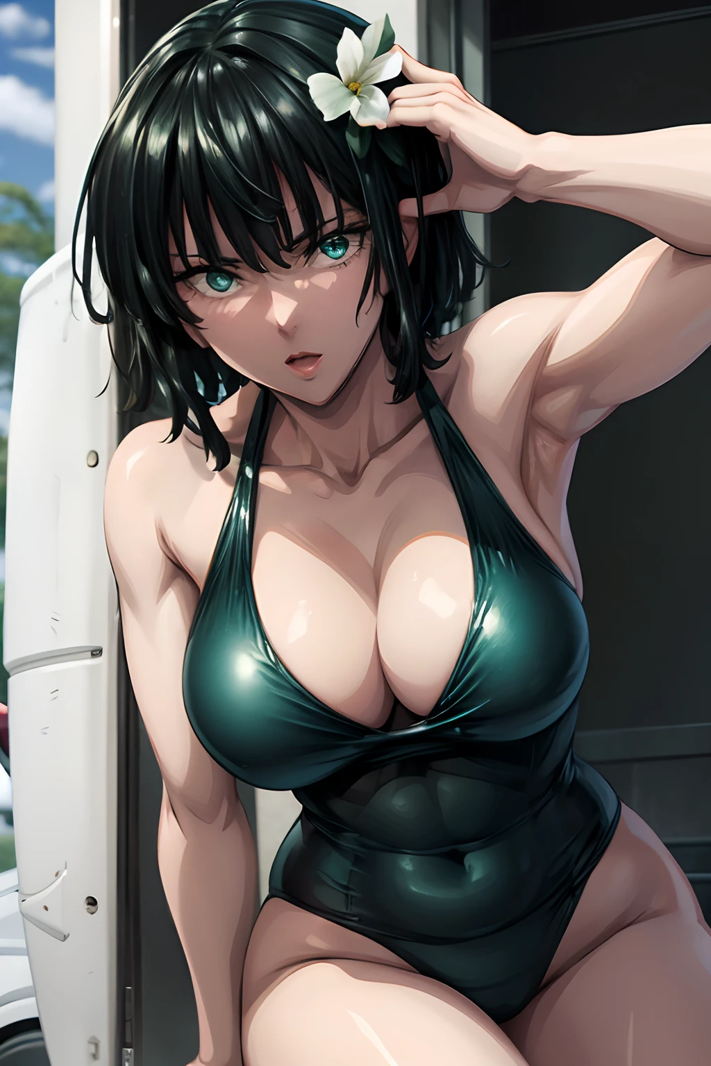 Fubuki in swimsuit, bikini verde con flores azules