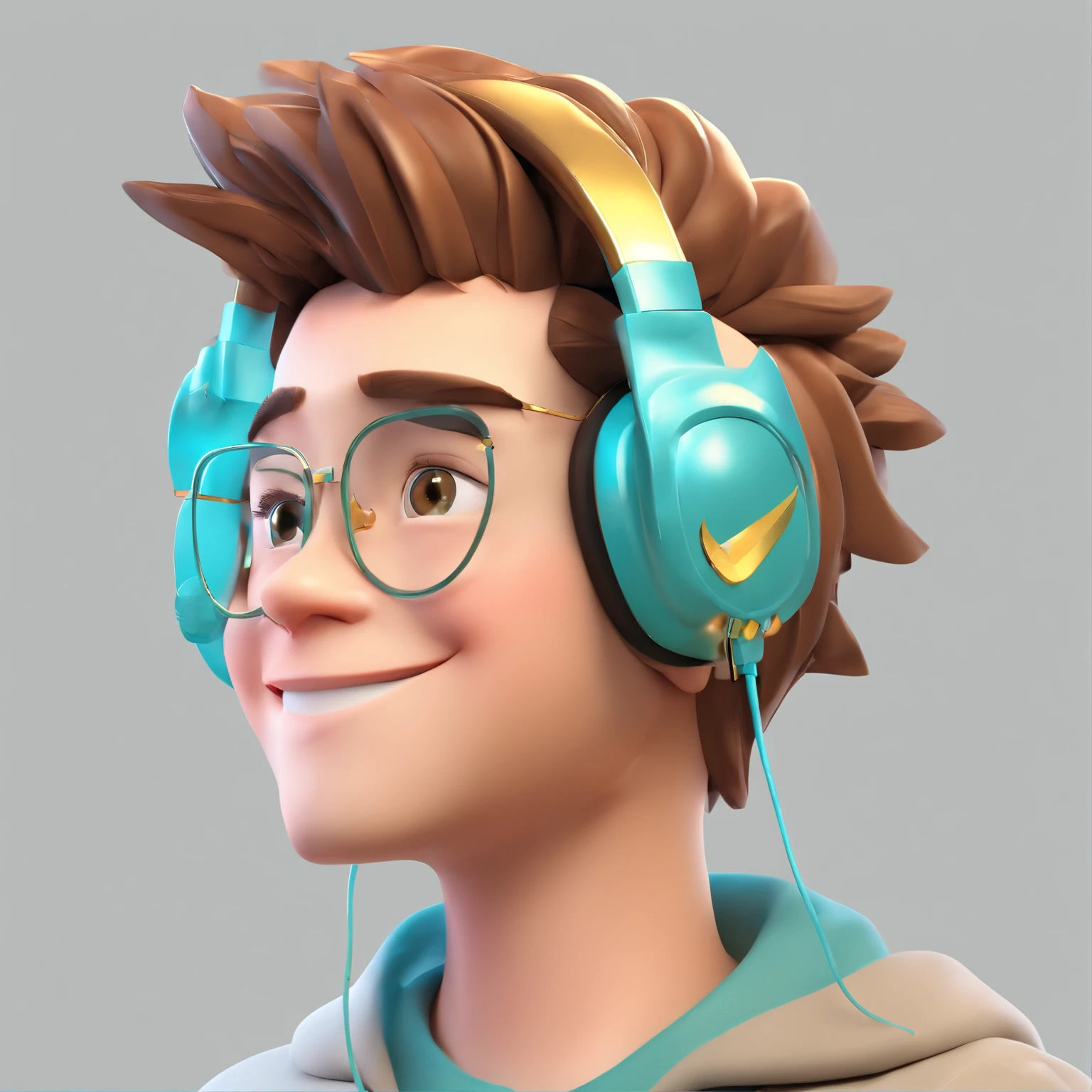Only boy face, excited happy face, using phone,3d model, boy, wearing headphones, anime style cyan colour hairs, eye crystal gold, png image, poster type, realistic