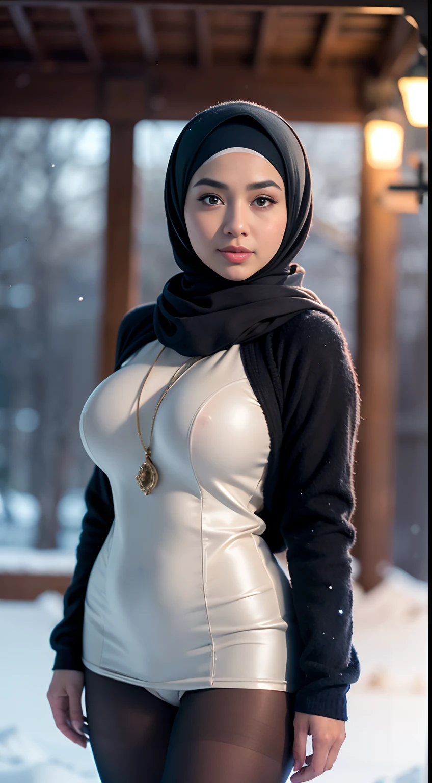 RAW, Best quality, high resolution, Masterpiece: 1.3), Beautiful Malay woman in hijab, Masterpiece, Perfect slim body, (full body),((Big breasts)), Beautiful big eyes, watery eyes, Soft smile, wet lips, wearing  long blue scarf, white long wool coat, black thick pantyhose, brown snow boots,snow mountain, blurred background, bokeh