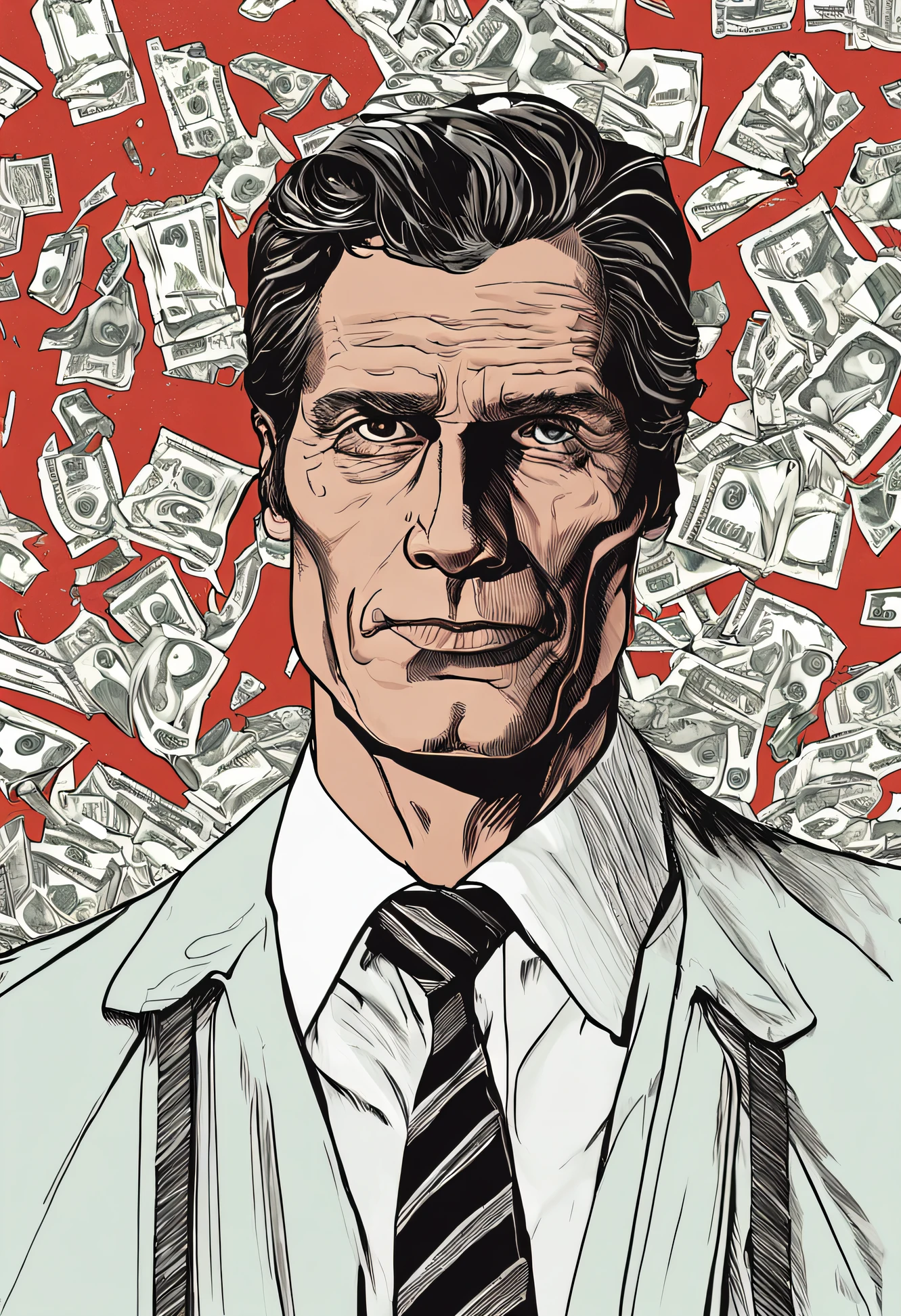 Patrick Bateman is portrayed as a flawless looking and charming man, shaped by his obsession with aesthetic perfection. His physique is sculpted and lean, resultado de horas dedicadas na academia e de uma dieta restrita. His height is in the middle range, giving it a presence that can go unnoticed amid New York's bustling cityscape. No entanto, It's that same ability to camouflage himself that makes it even scarier, for he blends easily into the crowd. Her blonde hair is meticulously combed and stylized, exibindo um brilho quase perfeito. Bateman pays attention to the smallest details, certificando-se de que cada fio caia no lugar certo. Seus olhos azuis, por outro lado, they are cold and empty, no trace of genuine emotion. They contrast with the mask of sympathy he often wears to hide his true nature. Your skin is pale and flawless, The result of a skin care routine that involves a number of expensive beauty products and regular treatments. He has a preference for tailored suits, geralmente usando roupas de grife que destacam sua riqueza e status social. Each accessory, From the cufflinks to the wristwatch, is chosen with precision, being part of his obsession with looking flawless at all times. Your facial expression is controlled and calculated, rarely showing any genuine emotion. He often maintains a friendly smile that can turn into an icy, distant look in an instant. Your body language is carefully monitored, Once he understands the importance of maintaining the façade of normalcy in his social and professional life. Patrick Bateman's appearance is an outward manifestation of his obsession with control and perfection. This impeccable image masks his violent and disturbing tendencies, tornando-o um dos personagens mais arrepiantes e complexos da literatura moderna. foto realista 4k melhor qualidade possivel