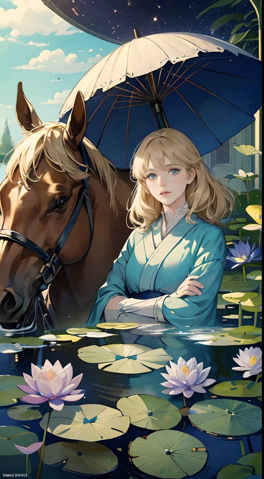 Anne Anderson, Kate Greenaway, Mabel Attwell, Margaret Tarrant, Jean Giraud l, Surreal, mysterious, strange, fantastical, fantasy, Sci-fi, Japanese anime, Spring is a horse-drawn carriage ride, beautiful girl, perfect body, water lilies, “machines” that form a poetic universe, detailed masterpiece depth of field cinematic lighting