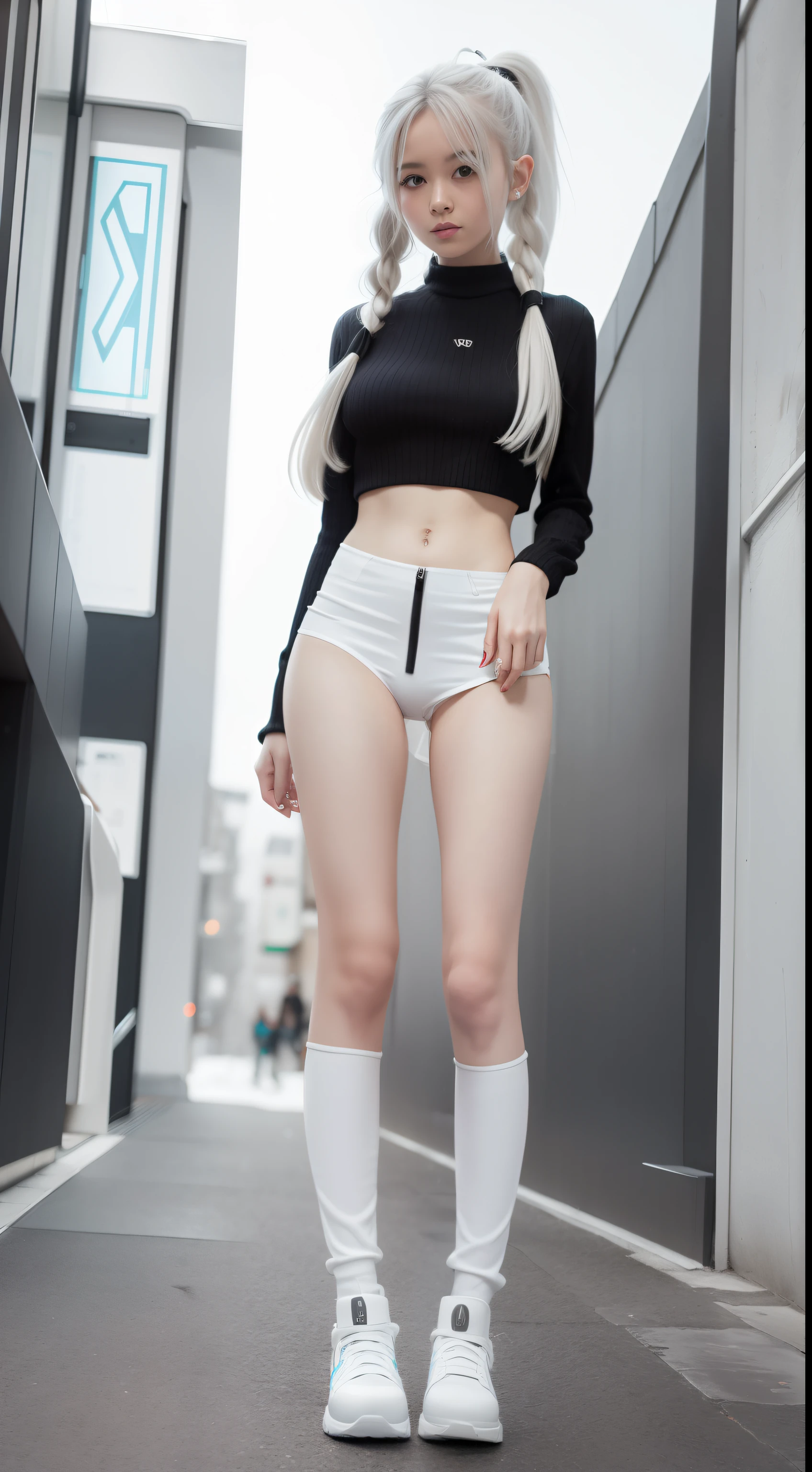 A world of only white, Black and gray(Futuristic Nordic city),20 years girl,masutepiece , Best Quality,The best illustrations(Soft texture),Nahida(GenshinImpact) ,very slender body,tiny chest,Skinny Legs,Long hair ,Side Ponytail, Hair Ornament ,Street, boots,White hair , White hair , hand behind head:1.5,multicolored hair, elf ,Skinny Legs,smil,Tsundere,