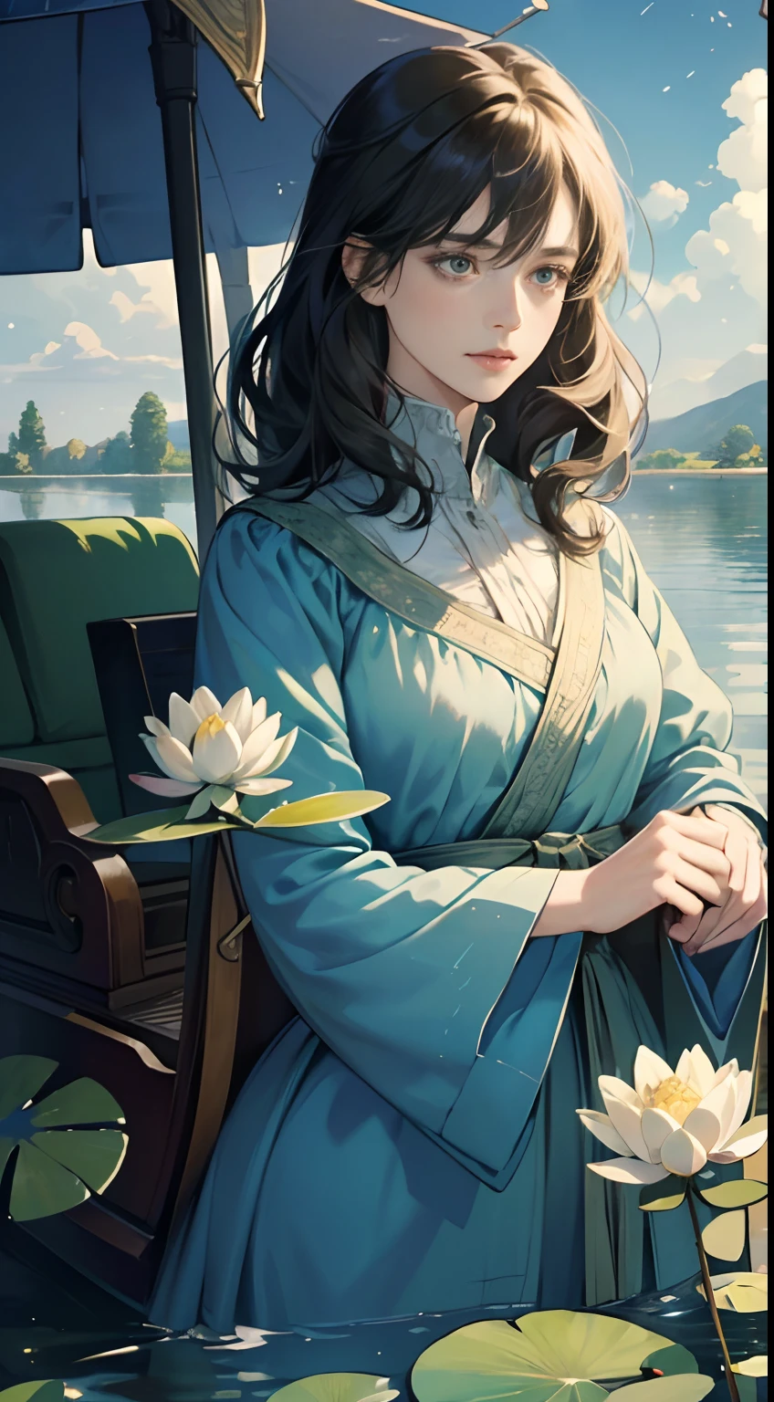 Anne Anderson, Kate Greenaway, Mabel Attwell, Margaret Tarrant, Jean Giraud l, Surreal, mysterious, strange, fantastical, fantasy, Sci-fi, Japanese anime, Spring is a horse-drawn carriage ride, beautiful girl, perfect body, water lilies, “machines” that form a poetic universe, detailed masterpiece depth of field cinematic lighting