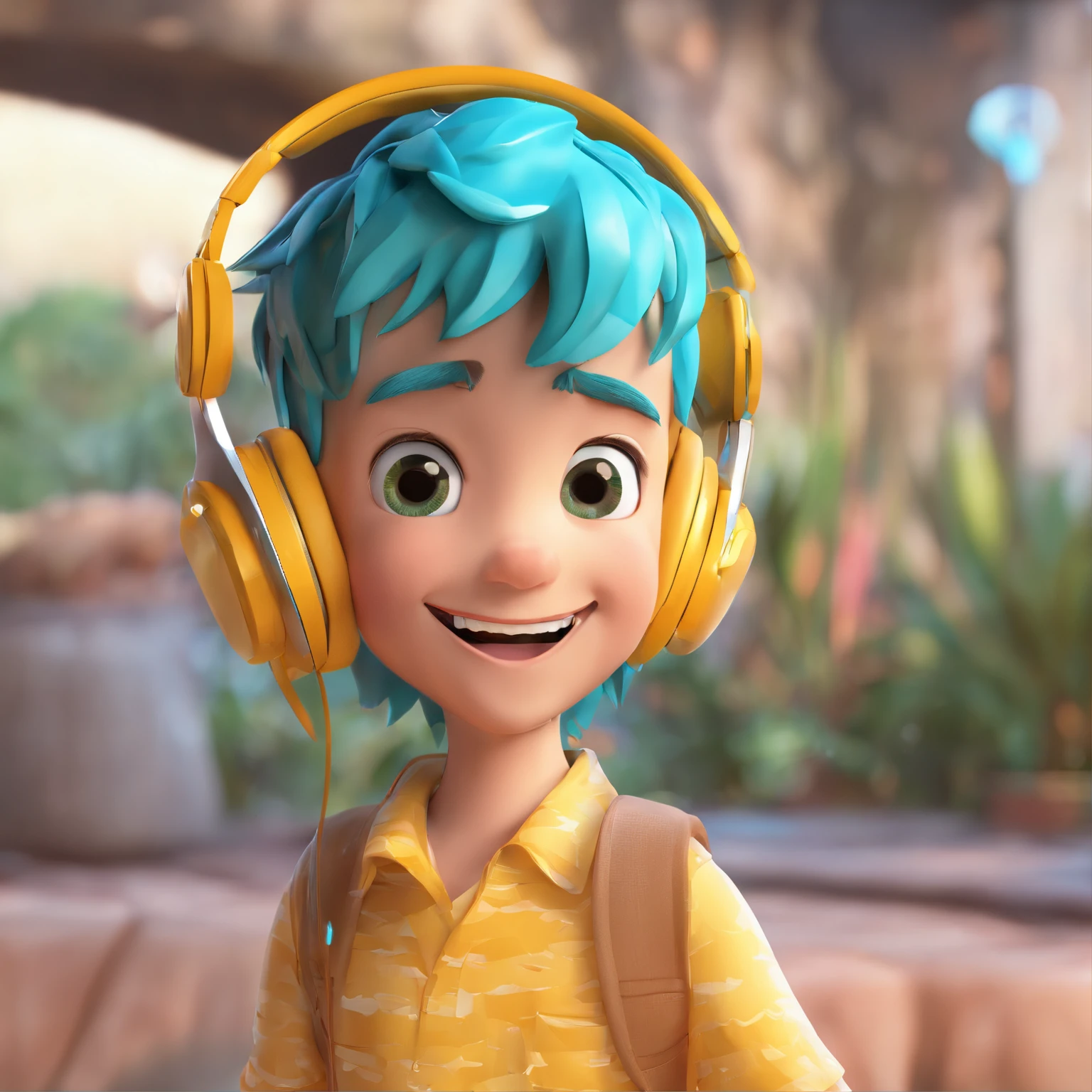 Only boy face, excited happy face, using phone,3d model,  boy, wearing headphones, anime style cyan colour hairs, eye crystal gold, png image, poster type, realistic