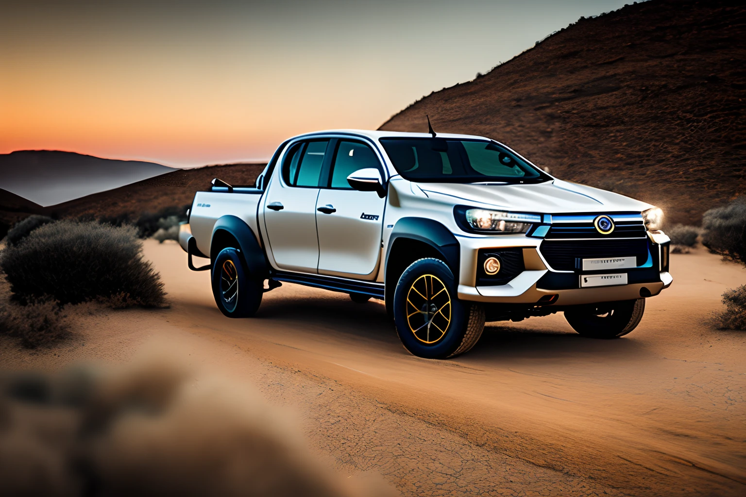 Rembrandt light,Best Quality,Extremely detailed,Cinematic lighting,8K,Realistic,Dynamic Graphics,photograph,Low viewing angle,Camera shooting,Canon 85 1.2,Aperture F4,8K,nffsw,Running on the moon,Future Car Hilux,futuristic design,Master works,