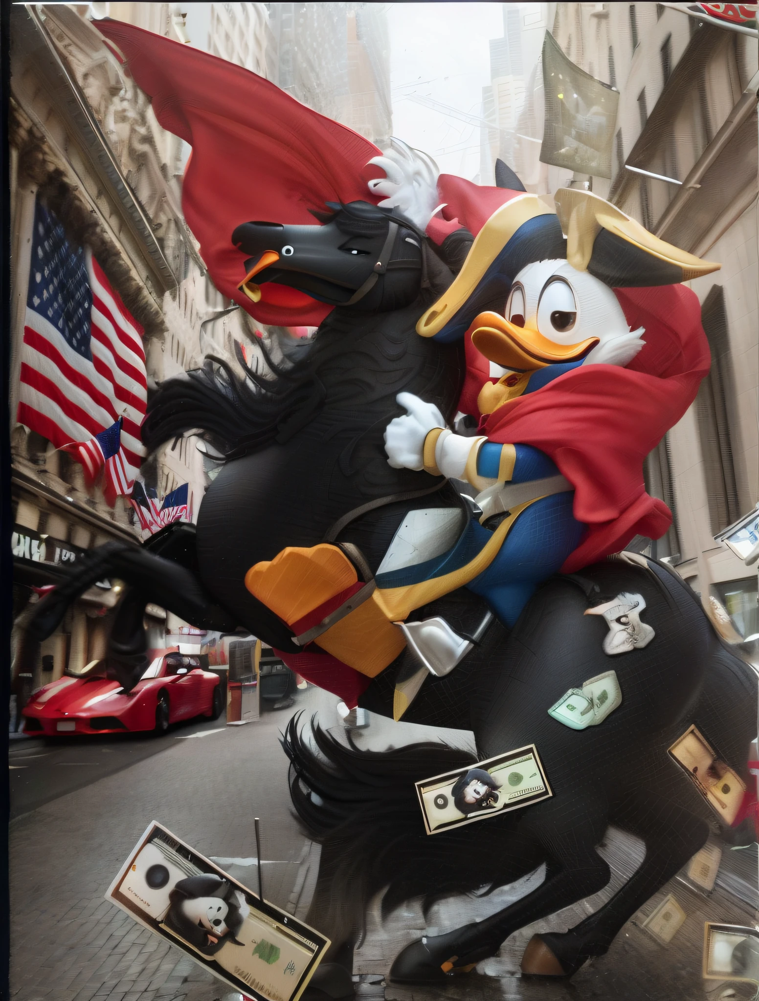Image of a statue of Donald Duck riding a royal black horse with flying money, inspired by Jacob Duck, par Eddie Mendoza, Donald Duck, Donald Duck dans la vraie vie, Clown capitaliste, inspired by Carl Barks, album artwork, par Derek Zabrocki, par Jacob Duck, par Pogus Caesar, super riche heureux Pepe, exhiber sa richesse, Illustrative New York Street top details Arafed statue of Donald Duck riding a horse with a flag on it, Donald Duck, Dans la Parade Macys, Goofy, Donald Duck dans la vraie vie, inspired by Jacob Duck, canard daffy, inspired by Carl Barks, Donald Duck: un astronaute, Disney 1 9 9 0, United States-seven. 20, closeup shot, 1 9 8 9 Disney