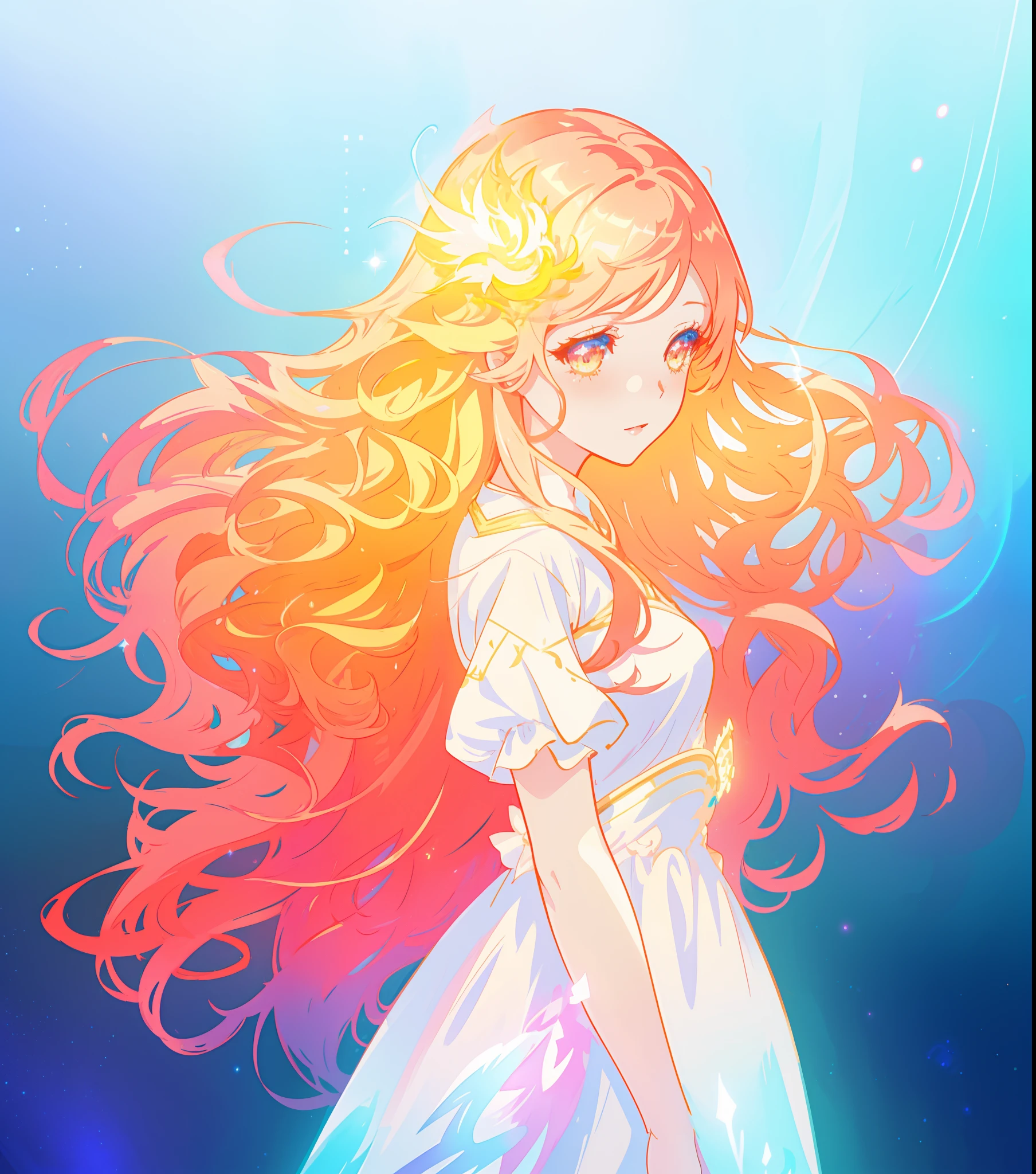 beautiful anime girl in white princess ballgown, vibrant pastel colors, (colorful), magical lights, red and gold long wavy hair, sparkling lines of light, inspired by Glen Keane, inspired by Lois van Baarle, disney art style, by Lois van Baarle, glowing aura around her, by Glen Keane, jen bartel, glowing lights! digital painting, flowing glowing hair, glowing flowing hair, beautiful digital illustration, fantasia background, whimsical, magical, fantasy, beautiful face, ((masterpiece, best quality)), intricate details, highly detailed, sharp focus, 8k resolution, sparkling detailed eyes, liquid watercolor