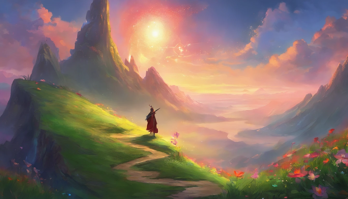 In the twilight sky、GREEN GRASS AND FLOWER, It depicts a figure on the way to the top of the mountain。He was number on his journey to the summit.々It can be seen that we have faced the difficulties of。That he is now、I'm holding my breath for a moment.、Never give up。A steep mountain road stretches out at his feet.、It reflects his hard work and hard work.。however、His face is full of determination and courage、Hope for the future is felt。