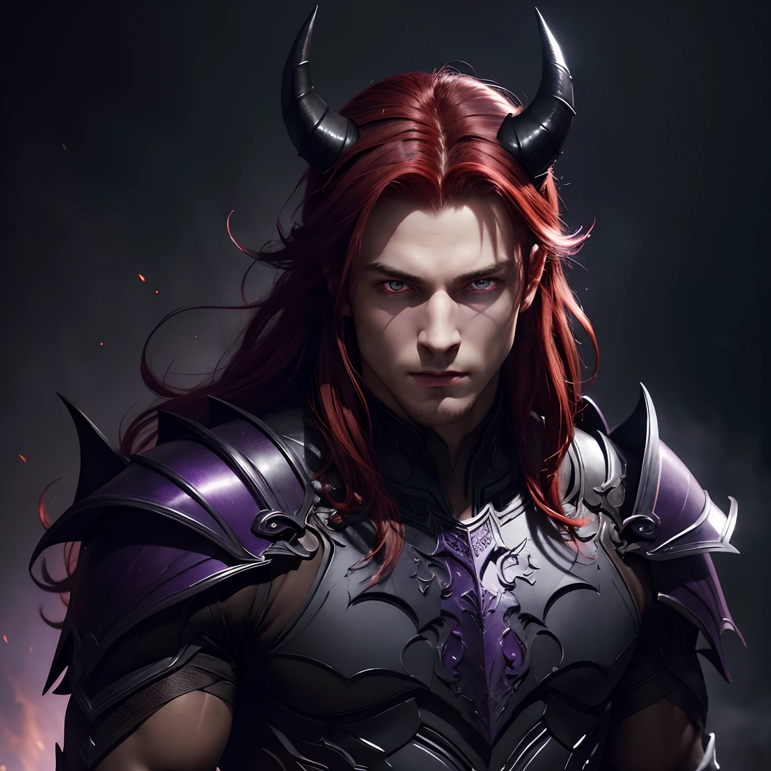 (shadows),(dark mist background),(purple mist),(masterpiece), (work of art), (amazing work), (detailed eyes), (delicate skin), (red eyes), (multicolored), (red hair ), (sparkling eyes), (1man),best quality, full body, expressive eyes, perfect face,shadow armor, muscular, hot, Man,thin, shadow bat wings, horns,dark, shadows