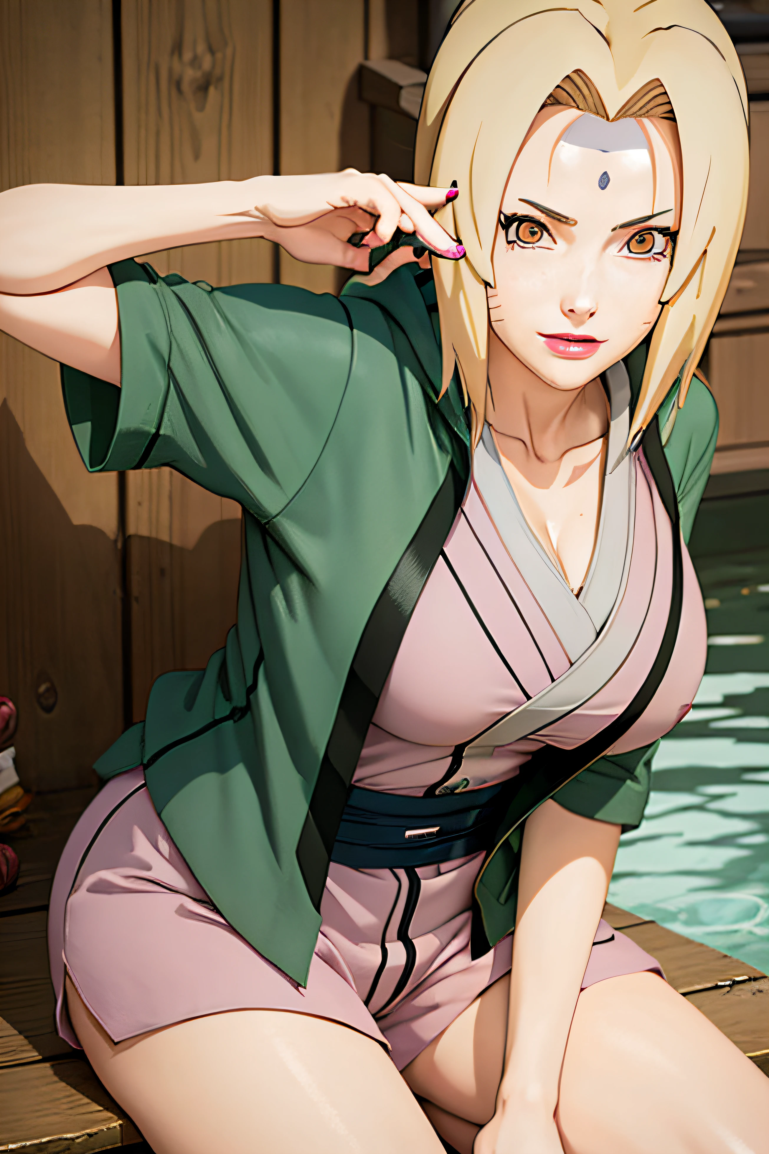 (masterpiece: 1,6), tsunade ( naruto) , smile , water , green hoody , yallow hair , large breast , shirt , short pants , young , pink lips, anime girl ,