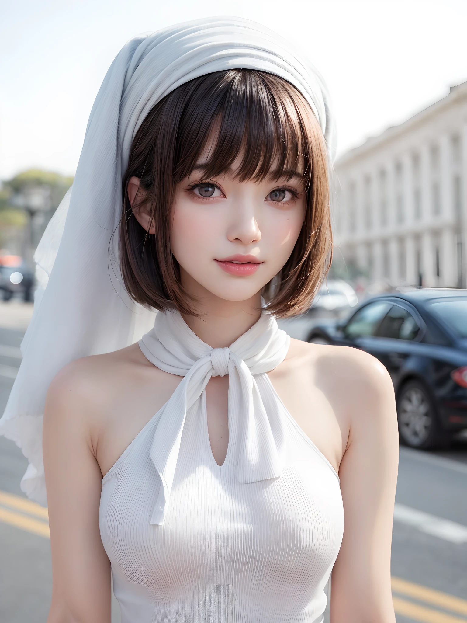 (masterpiece, top-quality、Very attractive adult beauty、Add intense highlights to the eyes、Look firmly at the camera、female high-school student),1girl in, 独奏, A dark-haired, scarf, Hats,, realisitic, looking at the viewers, black eyes of light color, shorth hair, coat, Winter clothes, White headscarf, s lips, lipgloss,bangss, The upper part of the body、big eye、Lashes)、((Road system in Italy))、((Shorthair with bangs、big eye、Put very strong highlights in your students、very Bigger breasts、gazing at viewer、Very beautiful beauty、Put your ears out、long neck、little smiling、Beautiful teeth、Open your mouth and smile))、28 year old、Very cute supermodel