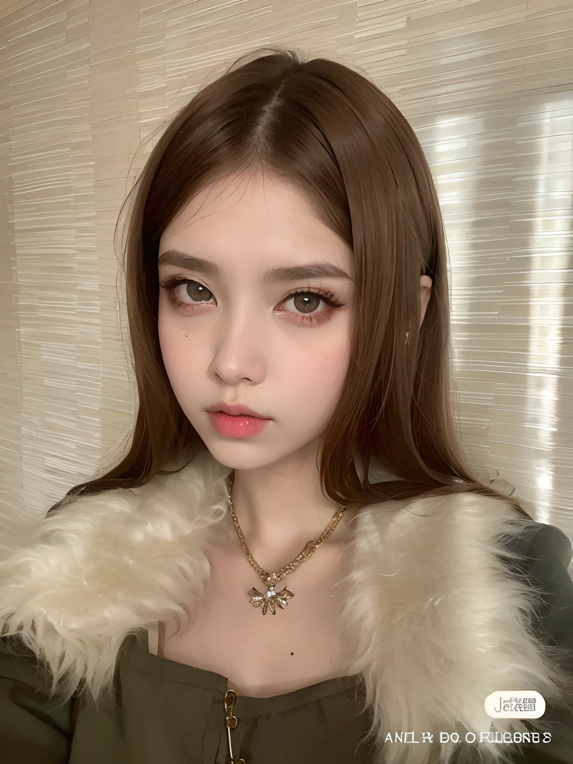Hay una mujer con un collar y un collar de piel posando para una foto, brown hair and large eyes, con cabello largo y ojos penetrantes, Ojos grandes y cabello largo y suelto, Articulated doll with ball, 19 year old girl, ulzzang, Cara sexy con maquillaje completo, con cara redonda, pale porcelain white skin, Sakimichan