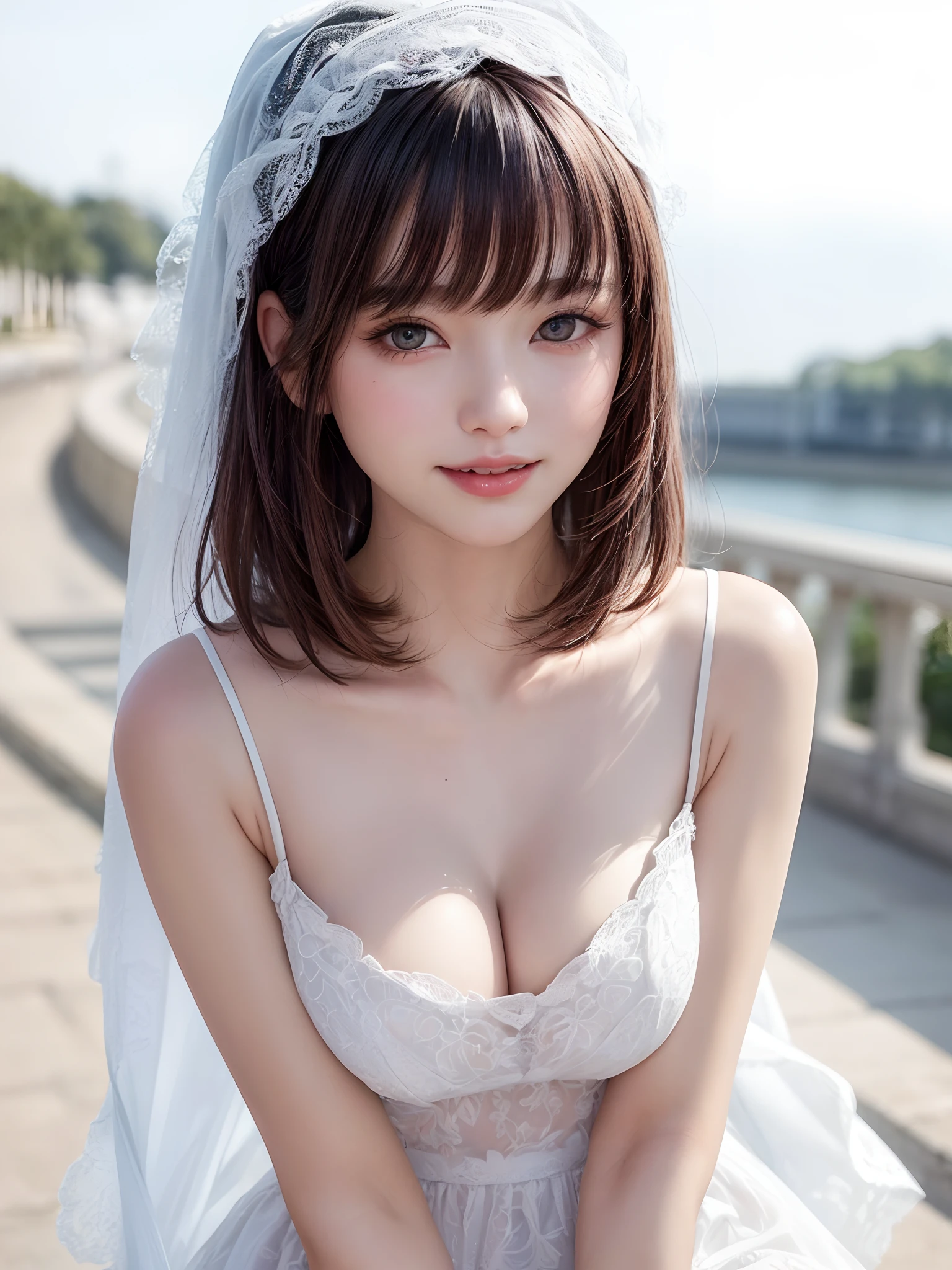 (masterpiece, top-quality、Very attractive adult beauty、Add intense highlights to the eyes、Look firmly at the camera、female high-school student),1girl in, 独奏, A dark-haired, scarf, Hats,, realisitic, looking at the viewers, black eyes of light color, shorth hair, coat, Winter clothes, White headscarf, s lips, lipgloss,bangss, The upper part of the body、big eye、Lashes)、((Road system in Italy))、((Shorthair with bangs、big eye、Put very strong highlights in your students、very Bigger breasts、gazing at viewer、Very beautiful beauty、Put your ears out、long neck、little smiling、Beautiful teeth、Open your mouth and smile))、28 year old、Very cute supermodel