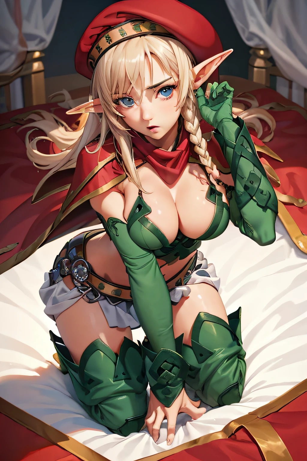 (masterpiece, best quality:1.2), cowboy shot, solo, (((on her hands and knees))), ((down on all fours)), Massive breasts, laying on a bed, top down view, busty, 1girl, alleyne, elf, aroused  expression, Sexually aroused expression, closed legs, (legs together), hourglass figure, desperate, topless, exposed breasts, sexually aroused, eager, looking at viewer, side braid, beret, cape, skirt, thighhighs, green footwear, thigh boots, elbow gloves, midriff, cleavage, playboy magazine shoot