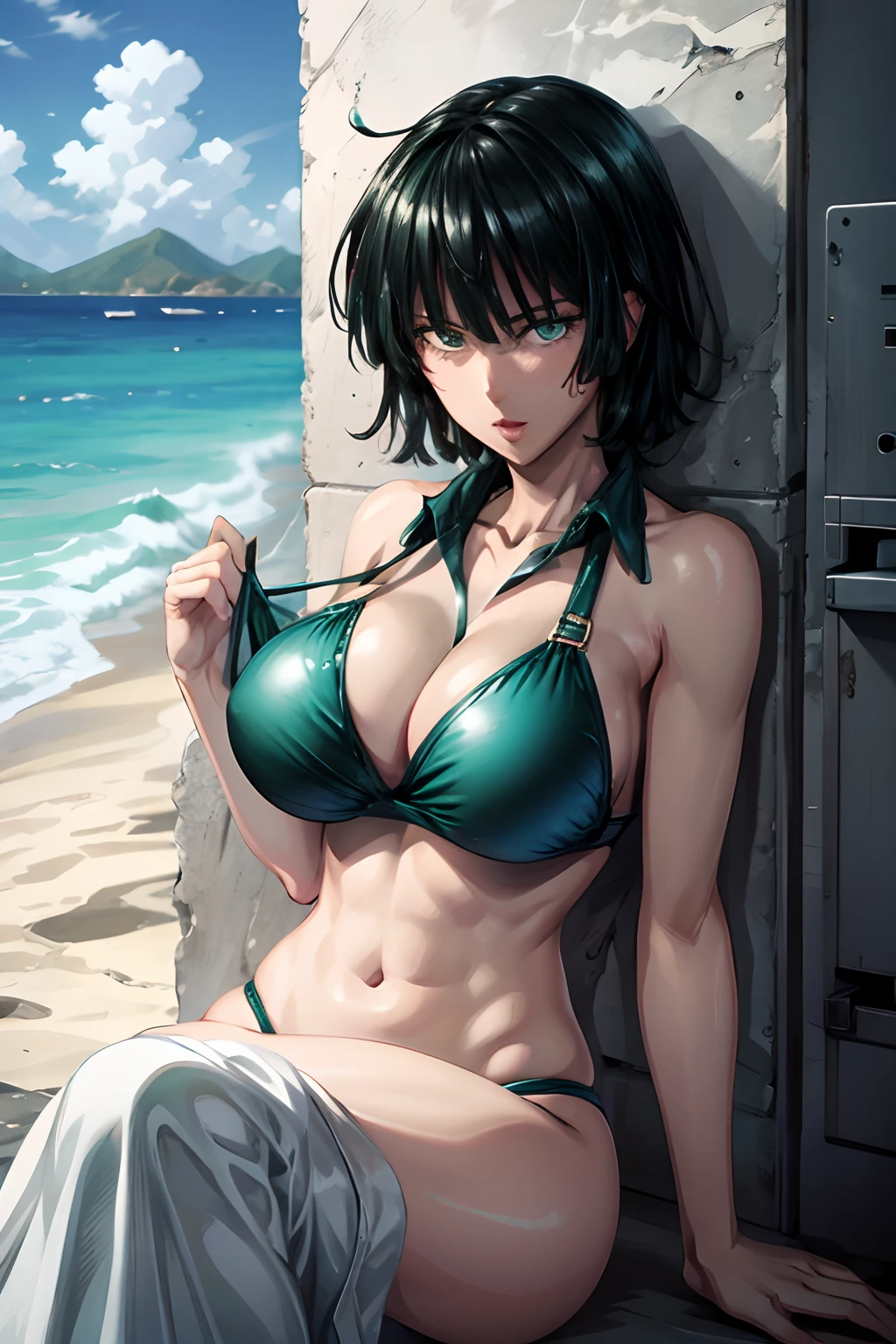 Fubuki in swimsuit, bikini verde con flores azules