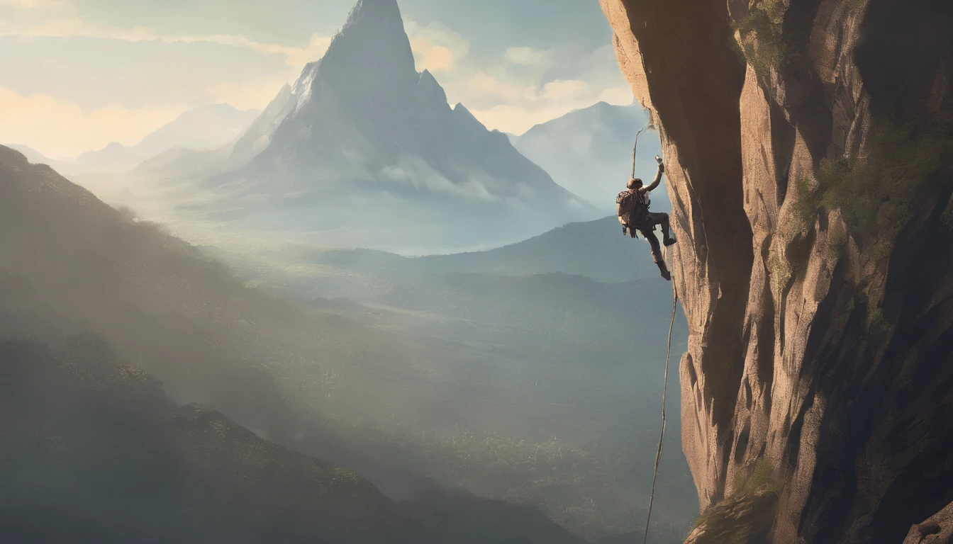 Climber with his back to the camera, Climbing a mountain, Looking at the camera behind him, in a higher position slightly to the left, Tiene una mano sosteniendo la cuerda