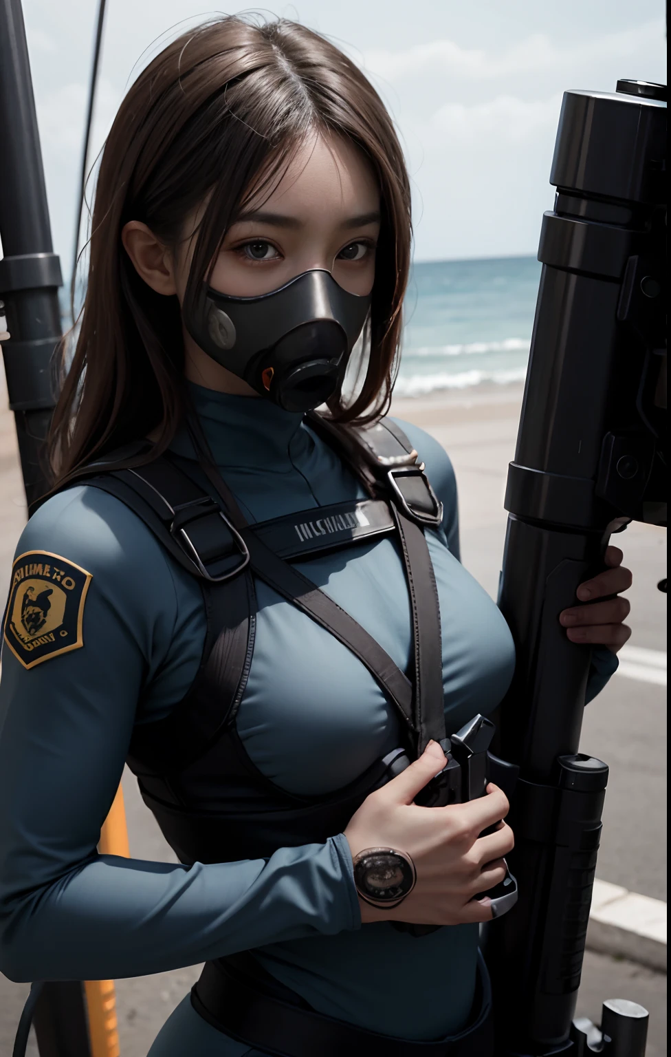 Highest image quality, outstanding details, ultra-high resolution, (realism: 1.4), ((close up:0.75)), highly condensed 1 lady, with beautiful and a delicate face, perfect proportion, aiming the viewer, (chubby:0.3, small breasts), (cloths color base ratio black:0.4 white:0.5 other-color:0.1), (wearing rash-guard likes police uniform, black and gray mecha, wearing high-tech heavy gasmask, military harness, holding a machinegun, carrying hich-tech-flamethrower -tank on back), background concrete wall,
