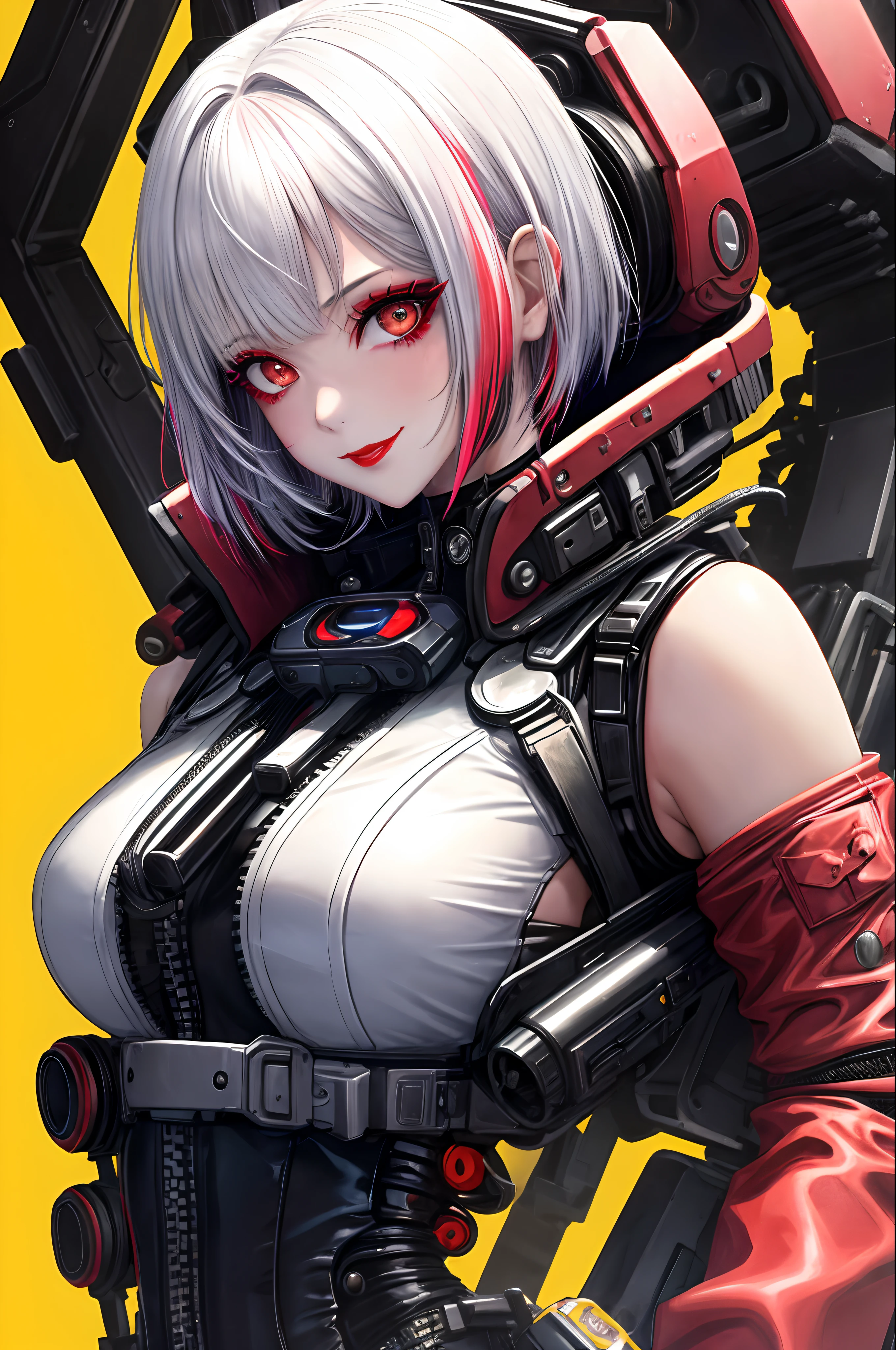 1girl, lucy \(cyberpunk\), solo, looking at viewer, cyberpunk, short hair, yellow background, smile, bare shoulders, red eyeliner, makeup, red lips, looking back, parted bangs, upper body, cyborg, multicolored eyes, bodysuit, closed mouth, white hair ,cyberpunk \(series\), cyberpunk edgerunners,(mature female),(masterpiece:1.2),(best quality:1.2),