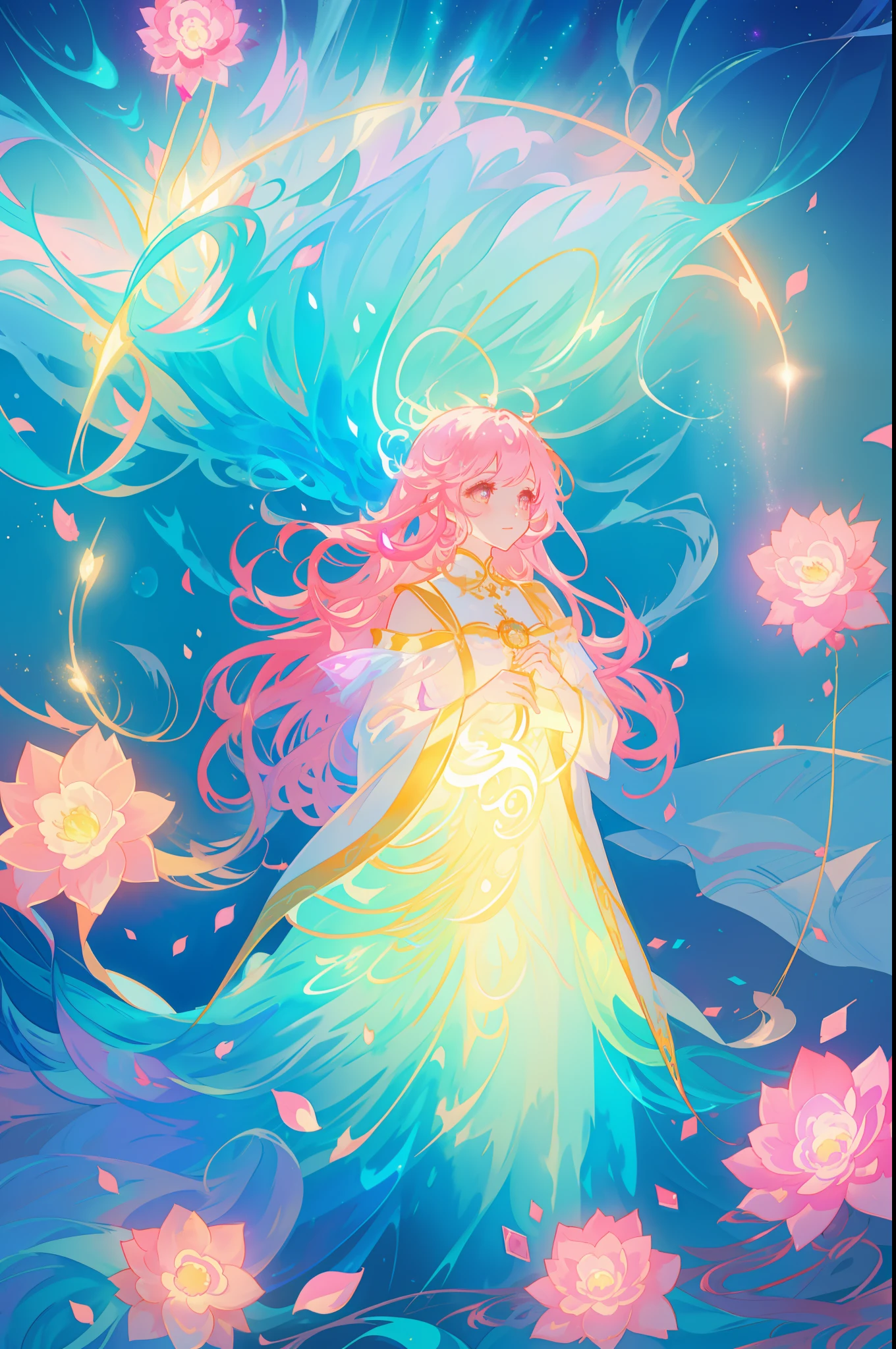 beautiful anime girl in flowing layered ballgown, vibrant pastel colors, (colorful), magical lights, magical flowers, flowers, glowing lights, red pink long wavy hair, sparkling lines of light, inspired by Glen Keane, inspired by Lois van Baarle, disney art style, by Lois van Baarle, glowing aura around her, by Glen Keane, jen bartel, glowing lights! digital painting, flowing glowing hair, glowing flowing hair, beautiful digital illustration, fantasia background, whimsical, magical, fantasy, beautiful face, ((masterpiece, best quality)), intricate details, highly detailed, sharp focus, 8k resolution, sparkling detailed eyes, liquid watercolor