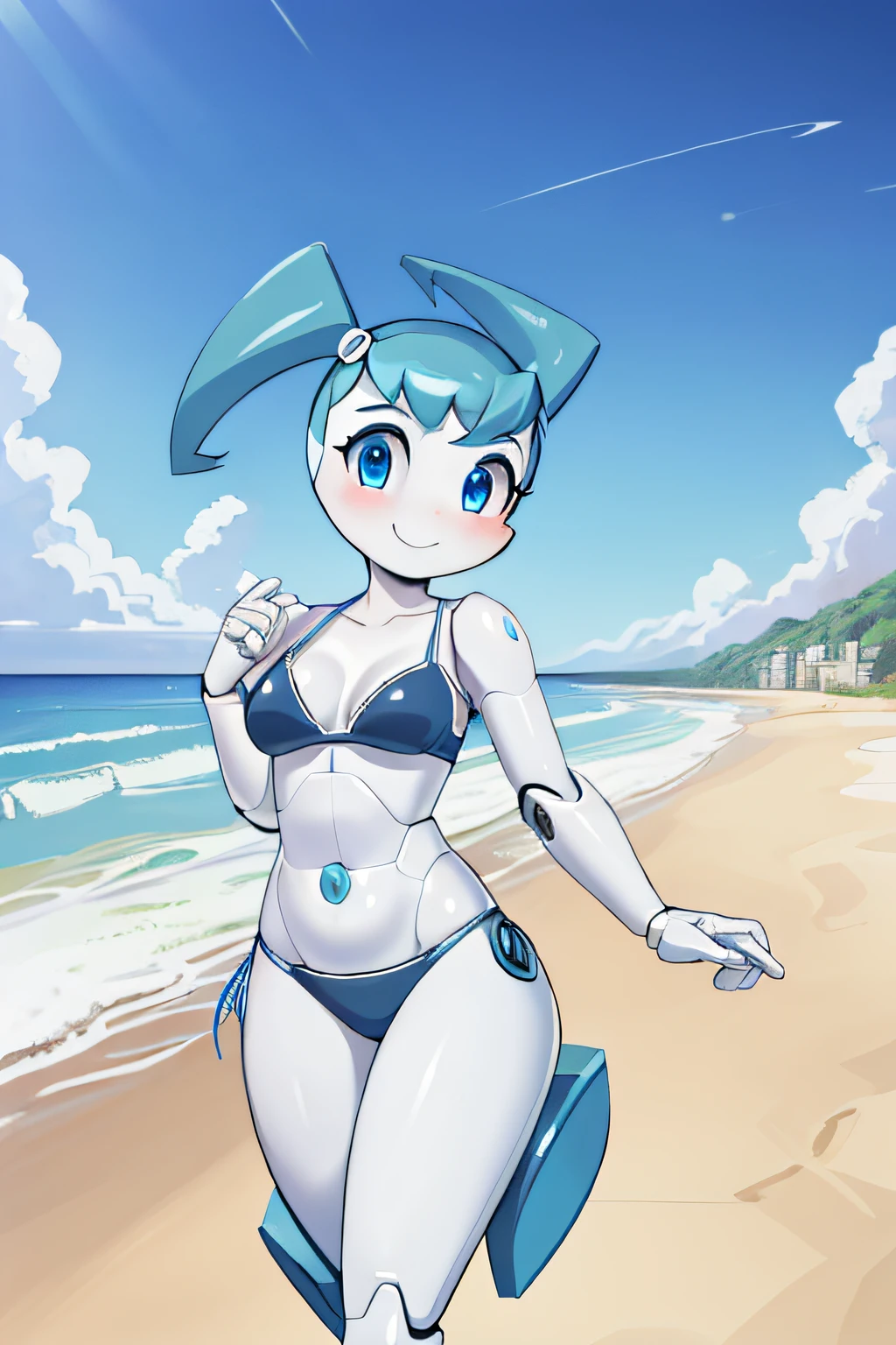 masterpiece, best quality, highres,  beautiful and detailed portrait of jenny wakeman, sexy, seductive, smile, blue eyes, running down beach, white metallic robotic skin, robot joints, blue bikini