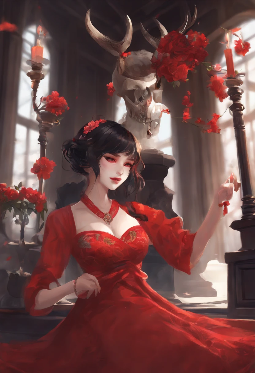 (masterpiece:1.2), best quality,pixiv, 1girl, flower, black hair, red eyes, hair ornament, hair flower, mask, looking at viewer, red flower, long sleeves, standing, red dress, holding, tattoo, wide sleeves, dress, own hands together, horns, skull, artist name, short hair, chinese clothes, robe