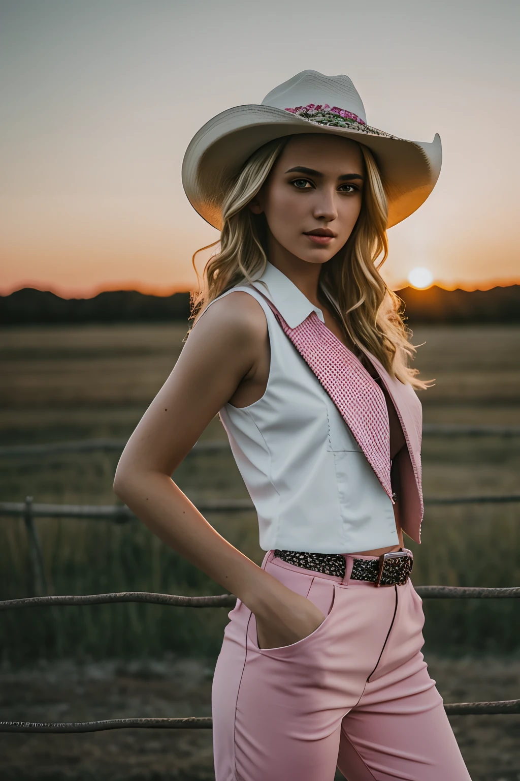 1girl in, age19, Solo, Long wavy hair, messy wind blown hair, blondehair, Full body, Colossal tits, outside by fence, wearing pink sleeveless vest, pink vest, wearing pink bell bottompants, bell bottoms, wearing white belt, wearing white cowboy hat, (extremely detailed 8k wallpaper), mood lighting, high quality, film grain, Fujifilm XT3 sharp focus, f 5.6, 50mm, High Detail, Sharp focus,(evening light), outdoor lighting, sunset, (seductive), Realistic, crazy details, complex details, hyper detailed,