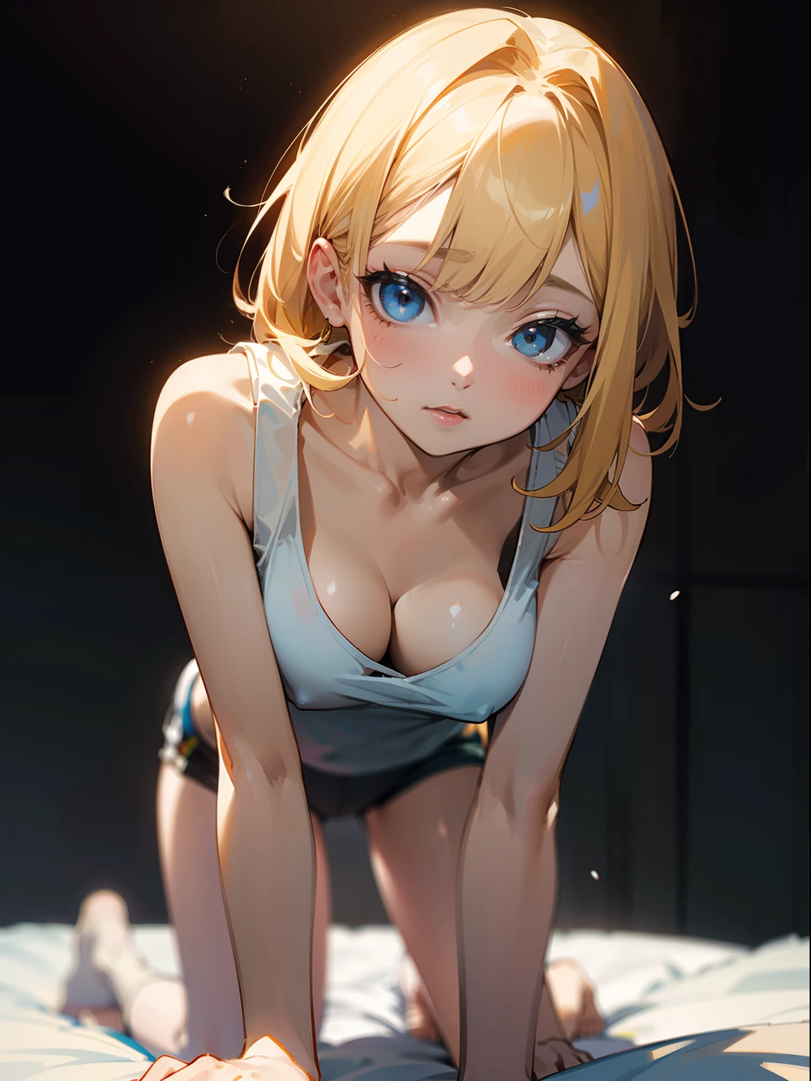 in 8K、top-quality、​masterpiece、ultra-detailliert、Ultra-high resolution、((1 persons))、girl with、White tank top、a blond、makeups、all-fours、cleavage of the breast、Frontal perspective