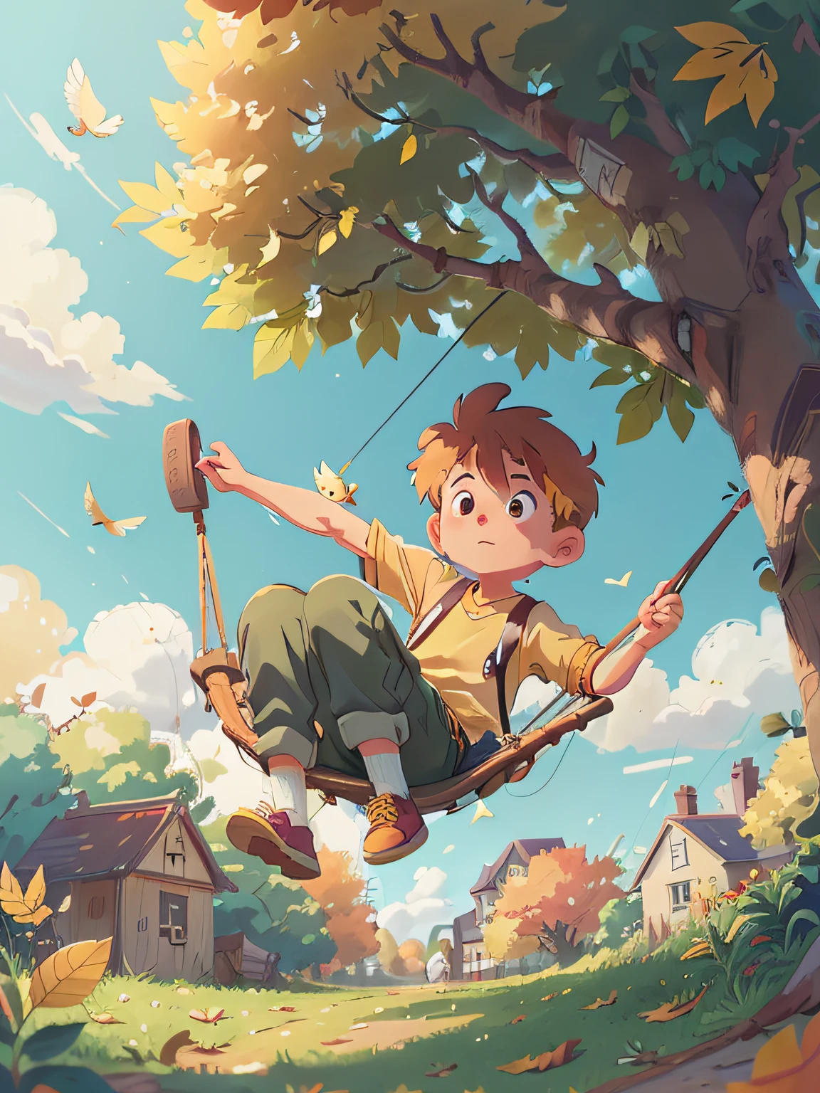 Draw a boy swinging in a hammock,Birds nearby, Praise Artstyle, Lofi art, animeaesthetic, autumnal,Sunnyday, On a sunny day, Yellow leaves and meadows,Yellow fruits grow on trees,lofi feel, on a bright day, High-quality fanart,autumnal,Yellow leaves