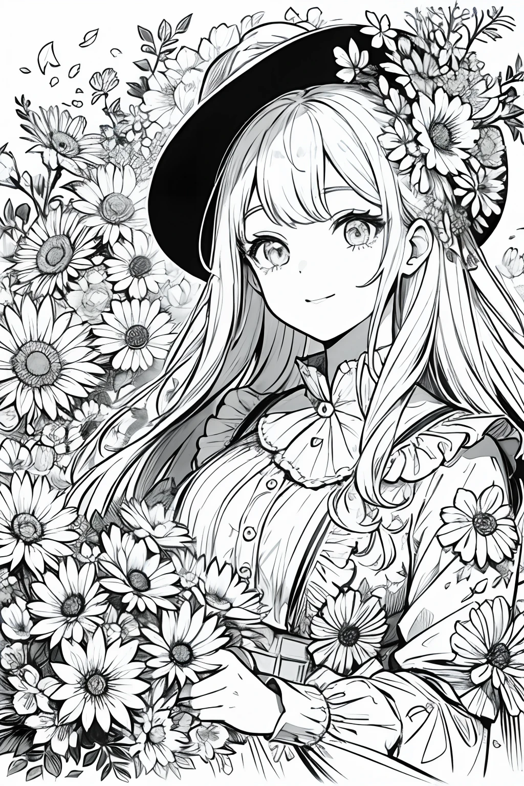obra maestra, mejor calidad, 1 Barbie, solo, Pelo largo, Mirando al espectador, sonrisa, franja, falda, camisa, Manga, sombrero, vestir, arco, participation, boca cerrada, flor, Volantes, Flor del cabello, flower petals, ramo de flores, Fixation flower, Volantes centrales, hood, flower fixing bouquet, campo, flor, campo, Arte lineal, monocromatic,