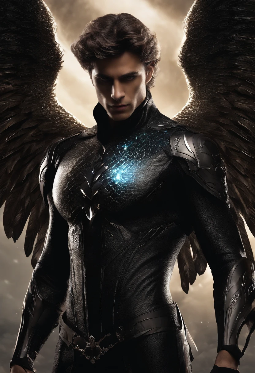 homem pardo, cabelo preto e curto, Dark Cosmic Fallen Angel, olhos claros brilhantes, Biomechanicals, estranho, assustador, Pesadelo, cores muito brilhantes, light particles, com luz brilhante, Mshiff, Arte do papel de parede, Papel de parede UHD