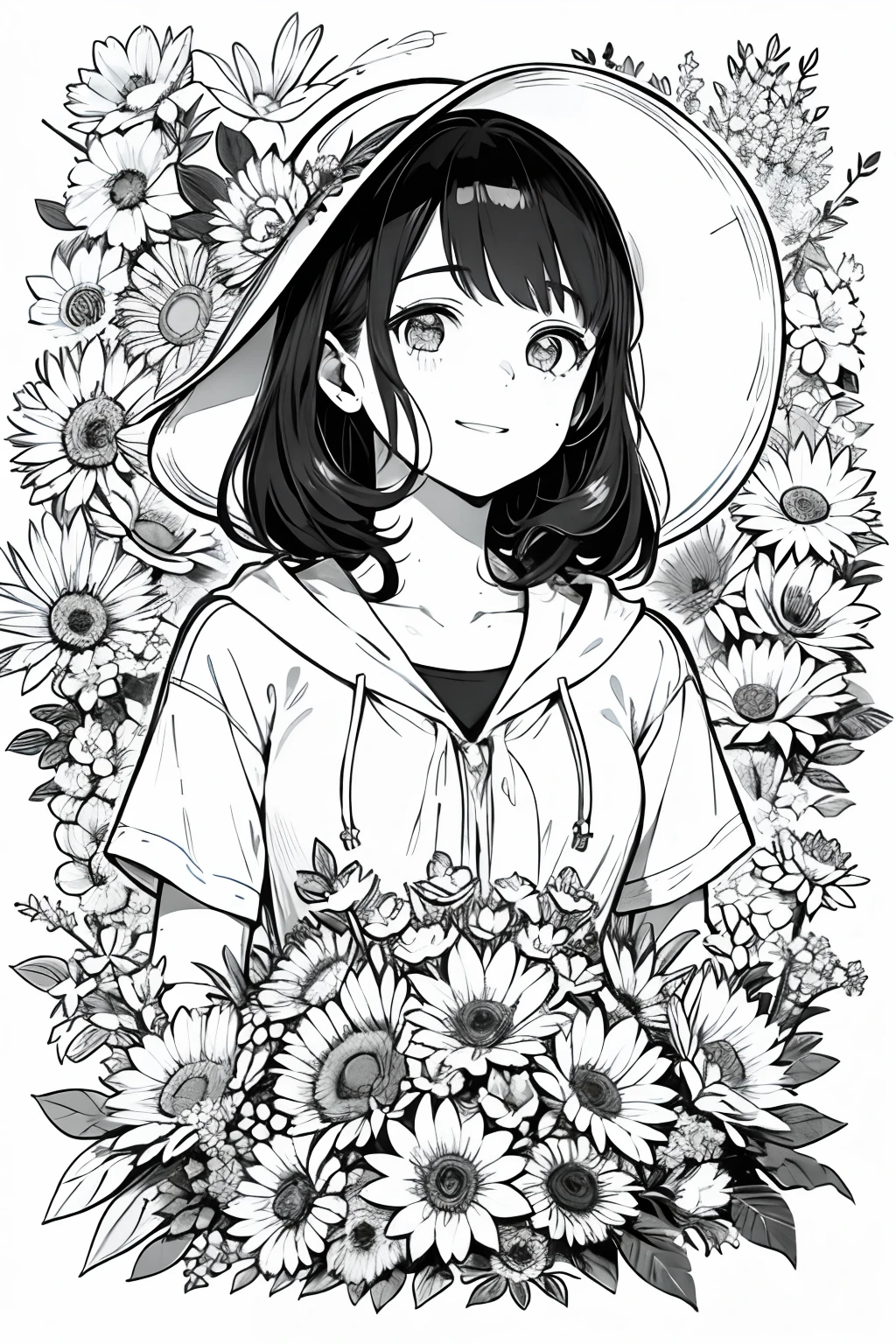obra maestra, mejor calidad, 1 Barbie, solo, Pelo largo, Mirando al espectador, sonrisa, franja, falda, camisa, Manga, sombrero, vestir, arco, participation, boca cerrada, flor, Volantes, Flor del cabello, flower petals, ramo de flores, Fixation flower, Volantes centrales, hood, flower fixing bouquet, campo, flor, campo, Arte lineal, monocromatic,