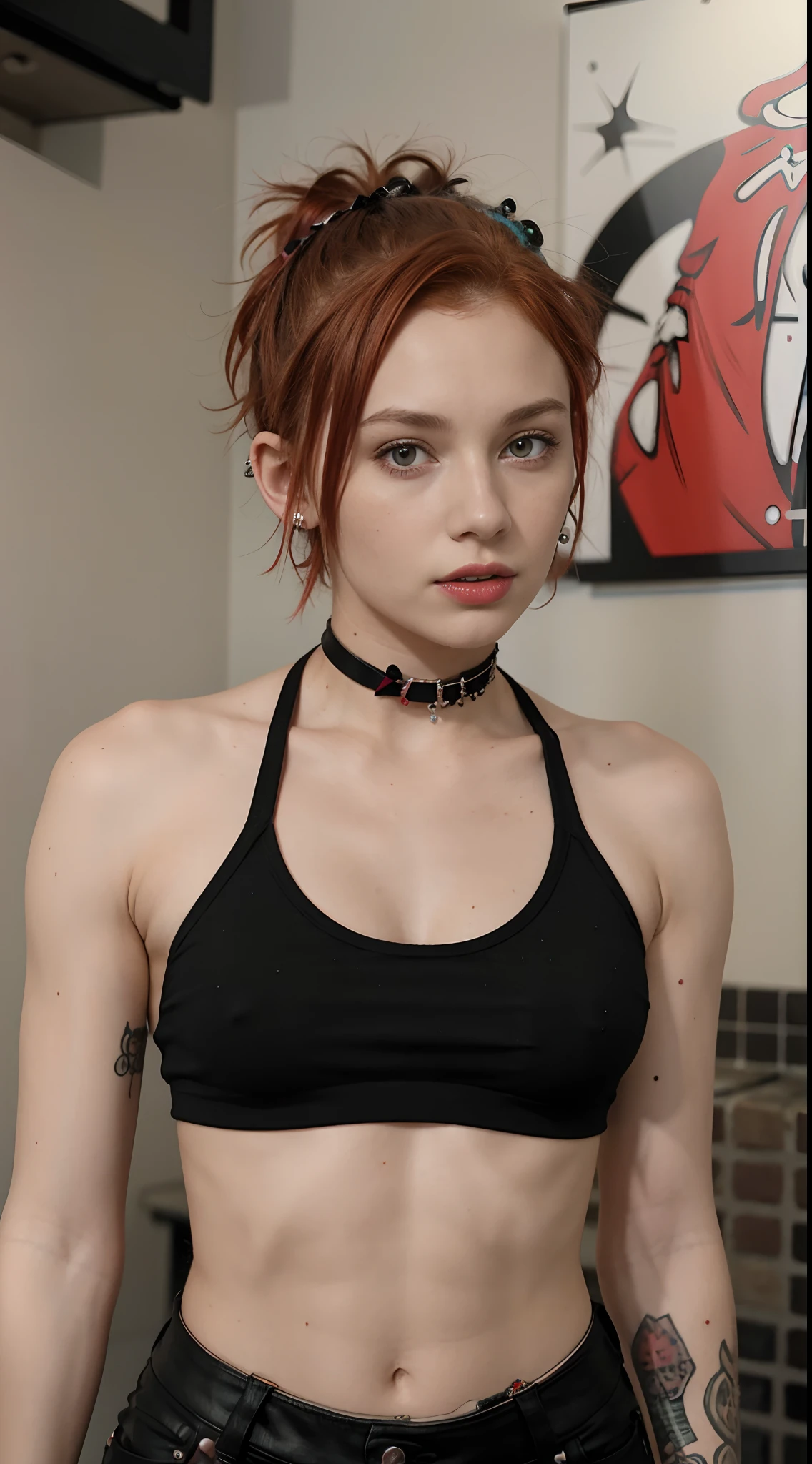 19 years old, woman, Red hair, ideal breasts, 1 Girl, choker, (Punk rock fashion), upper body piercing, short hair,
best quality, detailed