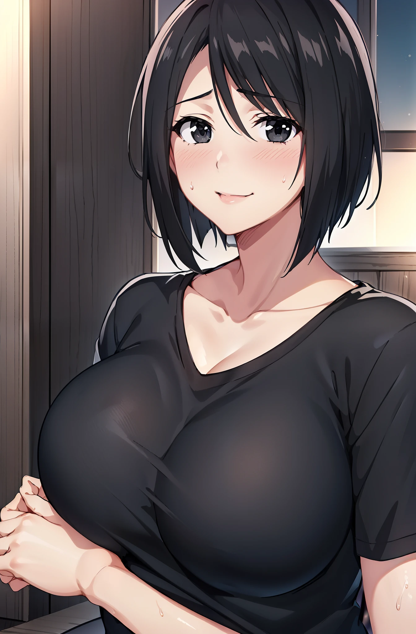 1girl, solo, looking at viewer, blush, smile, short hair, large breasts, shirt, black hair, collarbone, upper body, sweatdrop, black eyes, black shirt