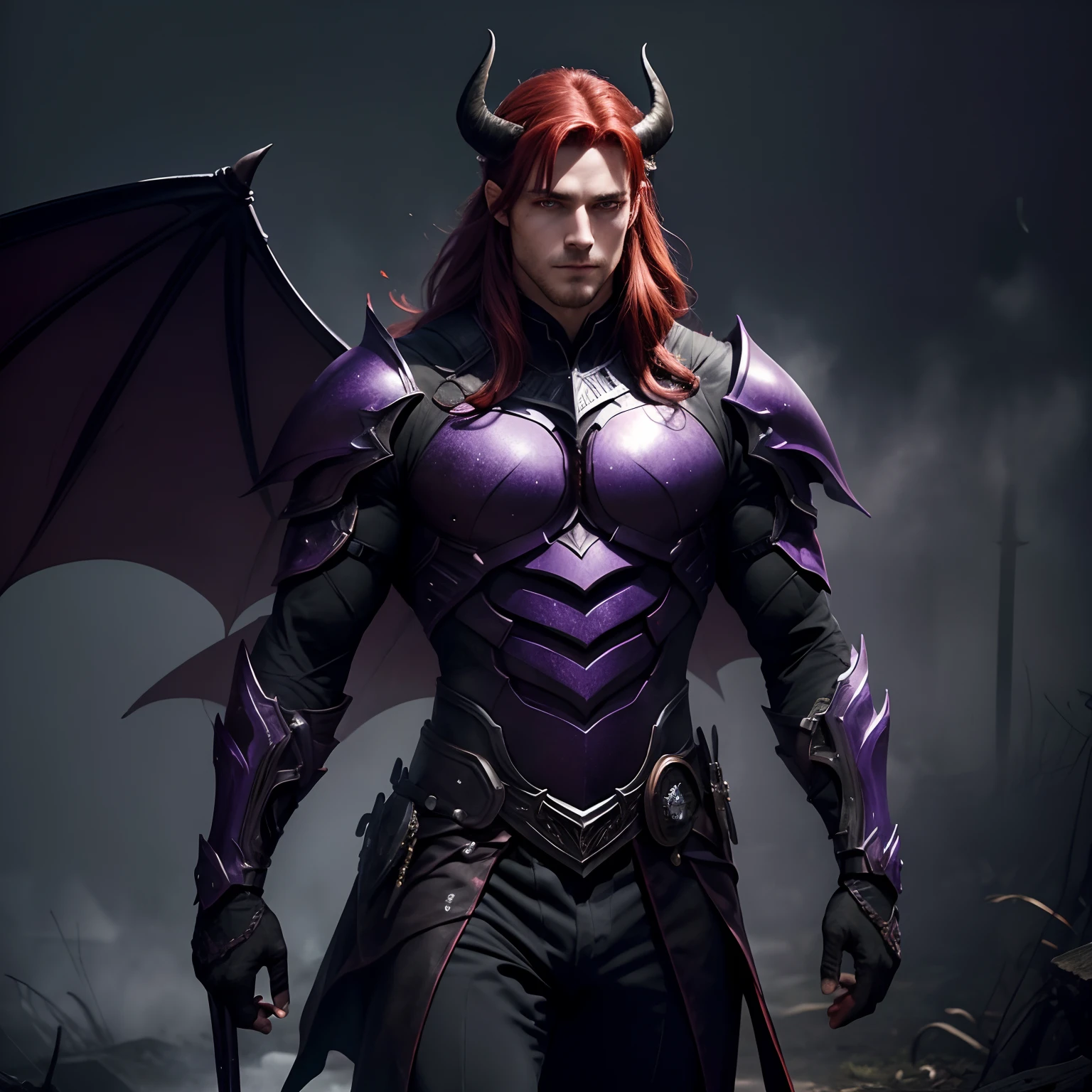 (shadows),(dark mist background),(purple mist),(masterpiece), (work of art), (amazing work), (detailed eyes), (delicate skin), (red eyes), (multicolored), (red hair ), (sparkling eyes), (1man),best quality, full body, expressive eyes, perfect face,shadow armor, muscular, hot, Man,thin, shadow bat wings, horns,dark, shadows, warrior, charging, wrapped in shadows