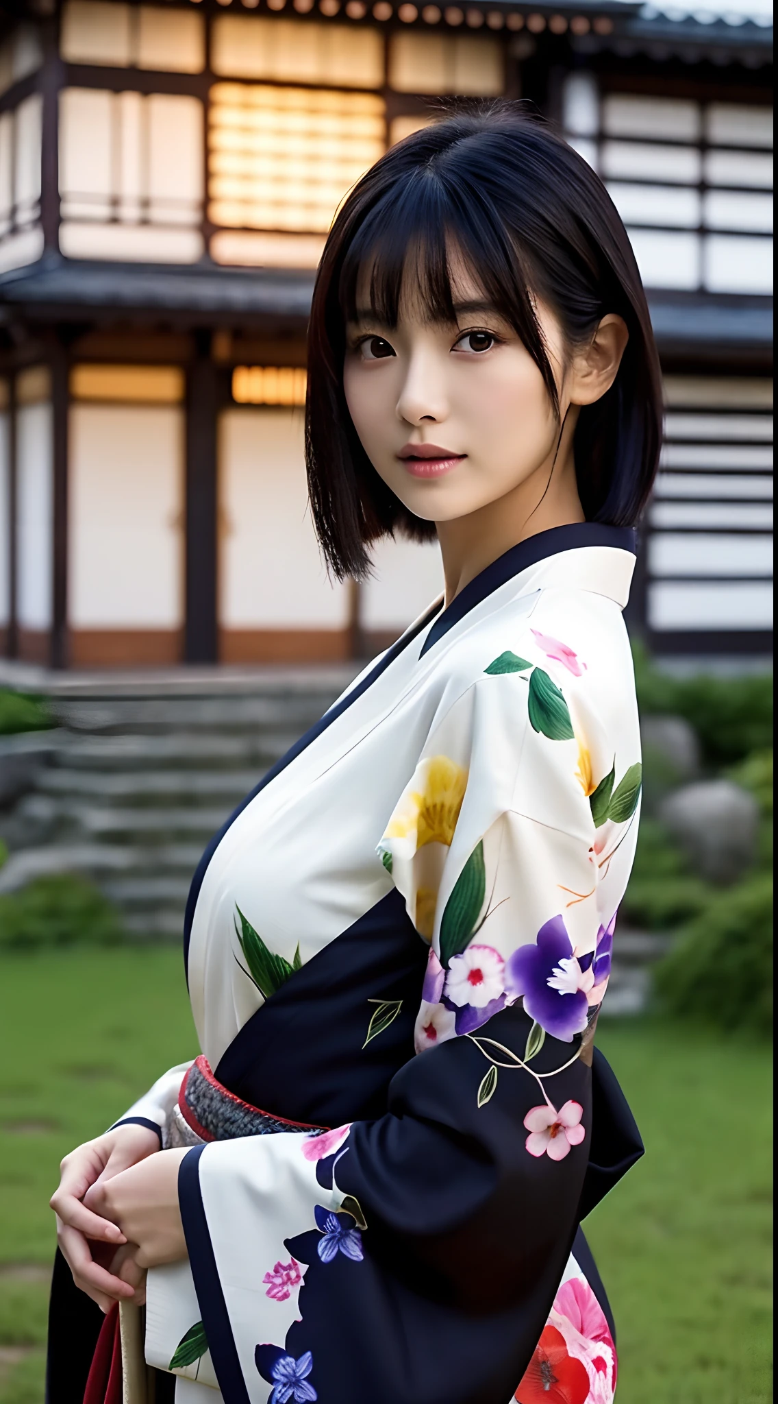 1 Woman、kimono、early evening、plein air、japanes、A dark-haired、Beautiful face、de pele branca、30-years old、slender