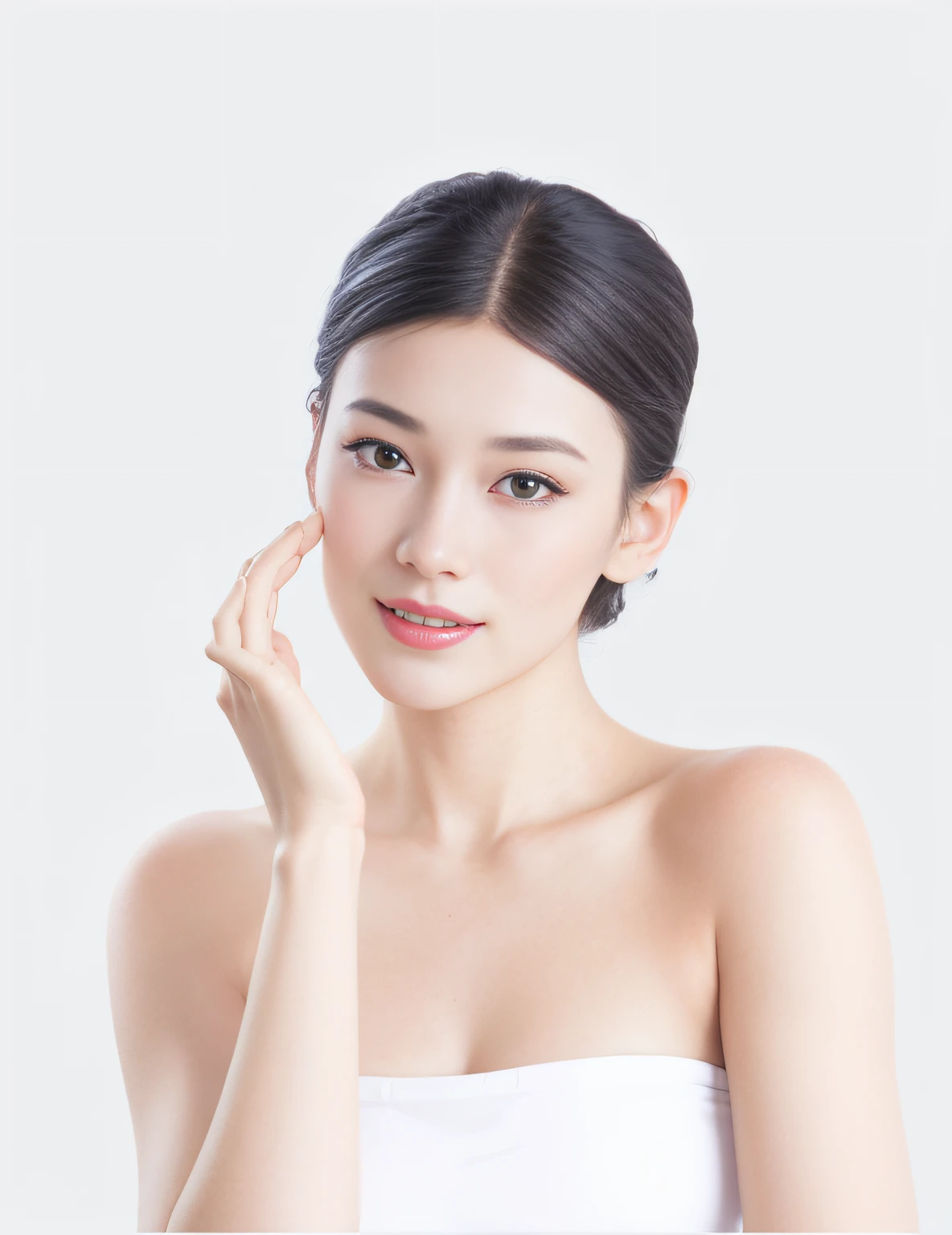 There is a woman posing for a photo with a towel, woman with porcelain skin, Youthful face, Smooth porcelain skin, glowing skin face, Smooth oval face, Beautiful face woman, Smooth facial features, smooth glowing skin, Young woman's face, young cute wan asian face, beautiful face and flawless skin, young beautiful woman, Beautuful Women, Hand on cheek