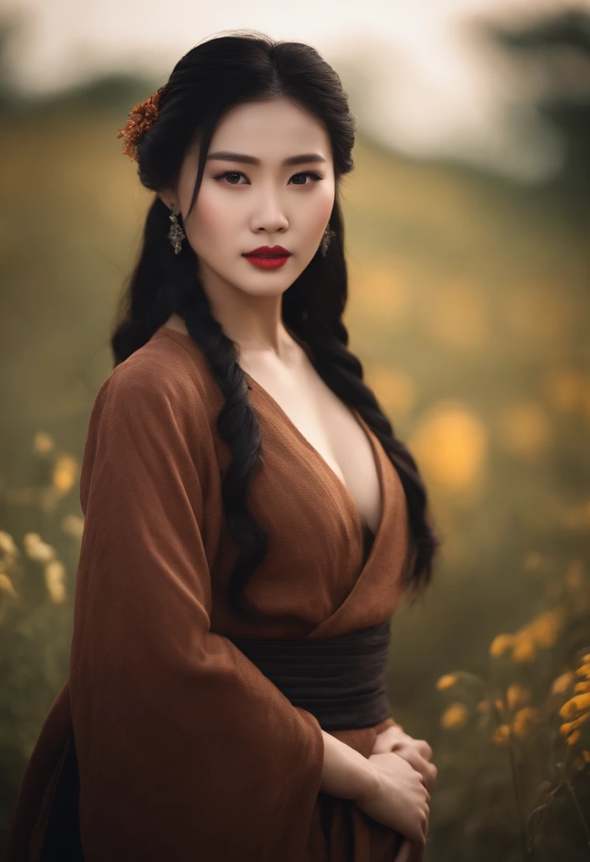 An elegant Chinese woman, She is beautiful,Strong posture, Her breasts are well proportioned, Pear-shaped feminine silhouette, black color hair, Long black hair, She has expressive eyes, )Her skin is fair, Busty, Farm, Brown rustic clothes, Farm-inspired fashion clothing, romantic atmoshere, Fire lights, spark of light, The flower wears hair half straight and half curly
